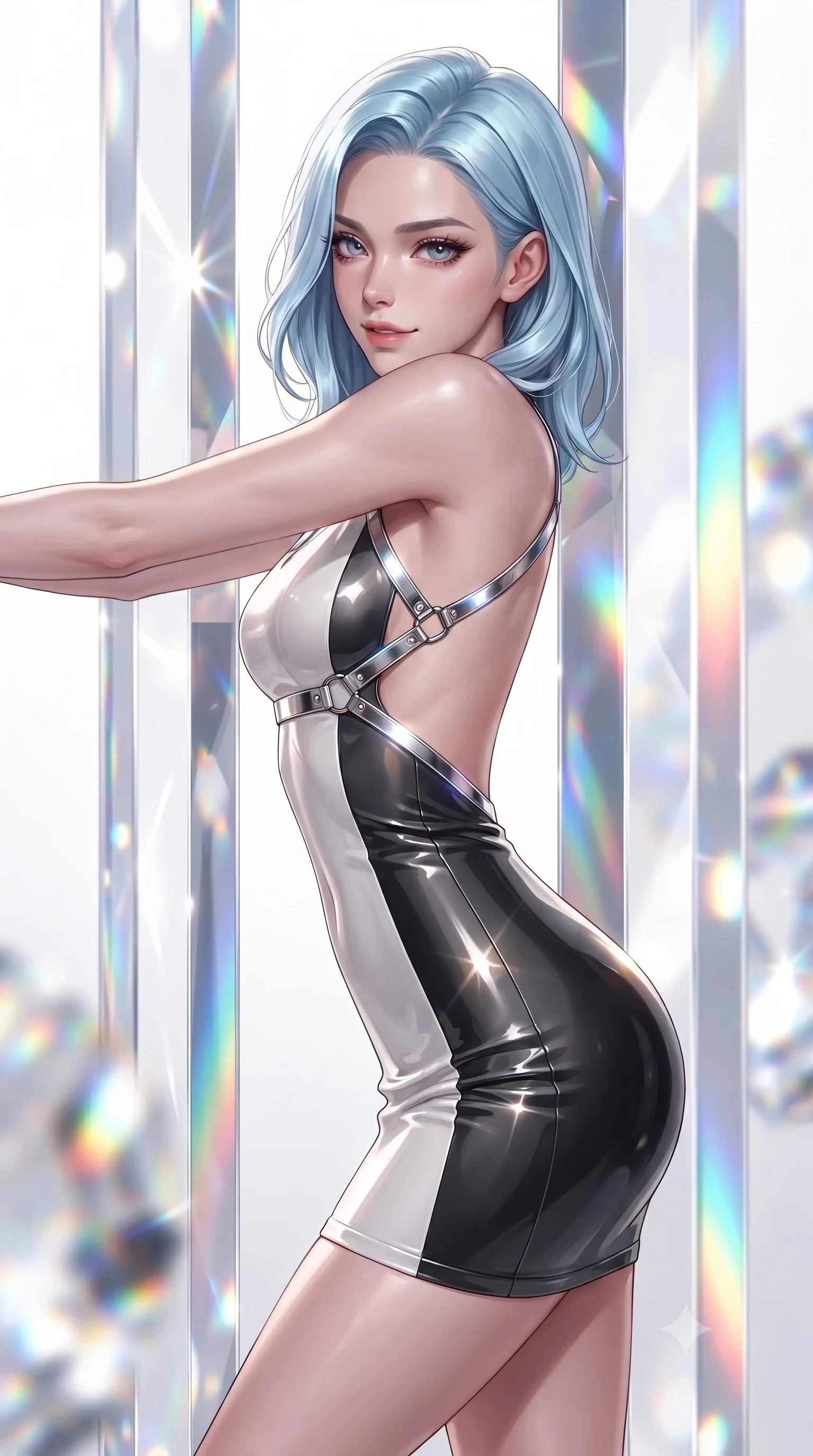 score_9, masterpiece, best quality, ultra-detailed, high-budget anime keyframe, editorial fashion photography, tasteful artistic composition, Korean woman. close-up cowboy shot from the waist and thighs up, the character dominates the composition, filling the frame with her large presence. stretching forward with an alluring arch of her spine, glancing over her shoulder with thick eyelashes and a smoldering half-smile while leaning against a towering optical crystal pillar with a haughty, smoldering gaze amidst pure white daylight. The composition keeps background elements in soft focus with creamy bokeh. vibrant rainbow spectrum light beams and crystal facets blurred into dazzling prismatic bokeh. She has an exceptionally elegant, slender, and willowy female figure with an ultra-slim waist, a gracefully sculpted slender torso, toned flat midriff, and a refined slim silhouette. sharp v-shaped jawline, high-bridge nose, intricate jewel-like eyes with depth, thick eyelashes, glossy lips with a natural sheen, flawlessly proportioned anatomical accuracy, strict slender model proportions, natural body alignment, perfectly sculpted long slender limbs, ultra-slim waistline, clean dynamic posture without body distortion. wearing a second-skin fashion-latex mini dress with a clean architectural front, featuring an open-back design that wraps around the sides of her waist, showcasing her slender silhouette in high-gloss monochrome white and sharp black contrast, crafted from ultra-reflective second-skin latex with a high-gloss glass-like polish, reinforced by a sleek metallic chrome harness and delicate glowing micro-straps, the sleek second-skin cut tightly hugging her graceful clavicle, narrow waist, and feminine curves with athletic precision. bathed in brilliant natural white daylight intersected by vivid saturated rainbow prism beams. ultra-reflective glossy finish, specular highlights, metallic sheen, high-contrast stereoscopic depth, volumetric dynamic lighting, 2k, ultra detail, master piece, 9:16 ratio