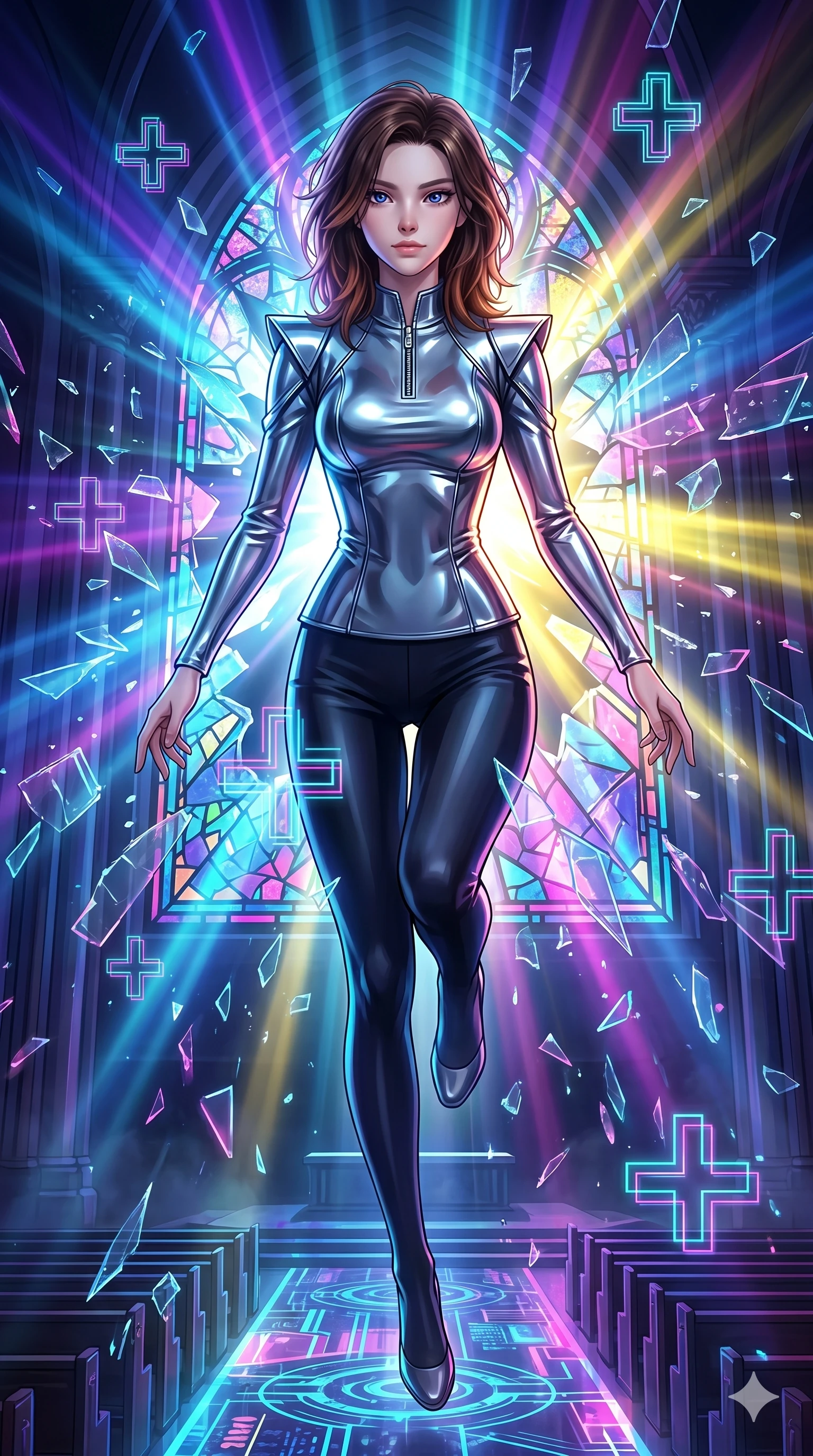 score_9, masterpiece, best quality, ultra-detailed, high-budget anime keyframe, Korean woman. Upper body close-up from the thighs up, character filling the screen for maximum presence. She is leaping through shattered stained glass of a neon-lit futuristic cathedral. She maintains a serene yet captivating expression amidst a rain of glowing shards and floating digital cross symbols. She has an absolutely perfect 8-heads proportion, a tall and elegant figure with a refined silhouette and a defined waistline. V-shaped jawline, high-bridge nose, intricate jewel-like eyes with depth, thick eyelashes, glossy lips with a natural sheen. She is wearing a sleek tailored top in liquid-chrome finish that complements her silhouette, styled with sophisticated architectural shoulder accents and a modern zip collar. The scene is backlit by intense multi-colored neon light rays and volumetric dawn light filtering through fog. 2k, ultra detail, master piece, 9:16 ratio