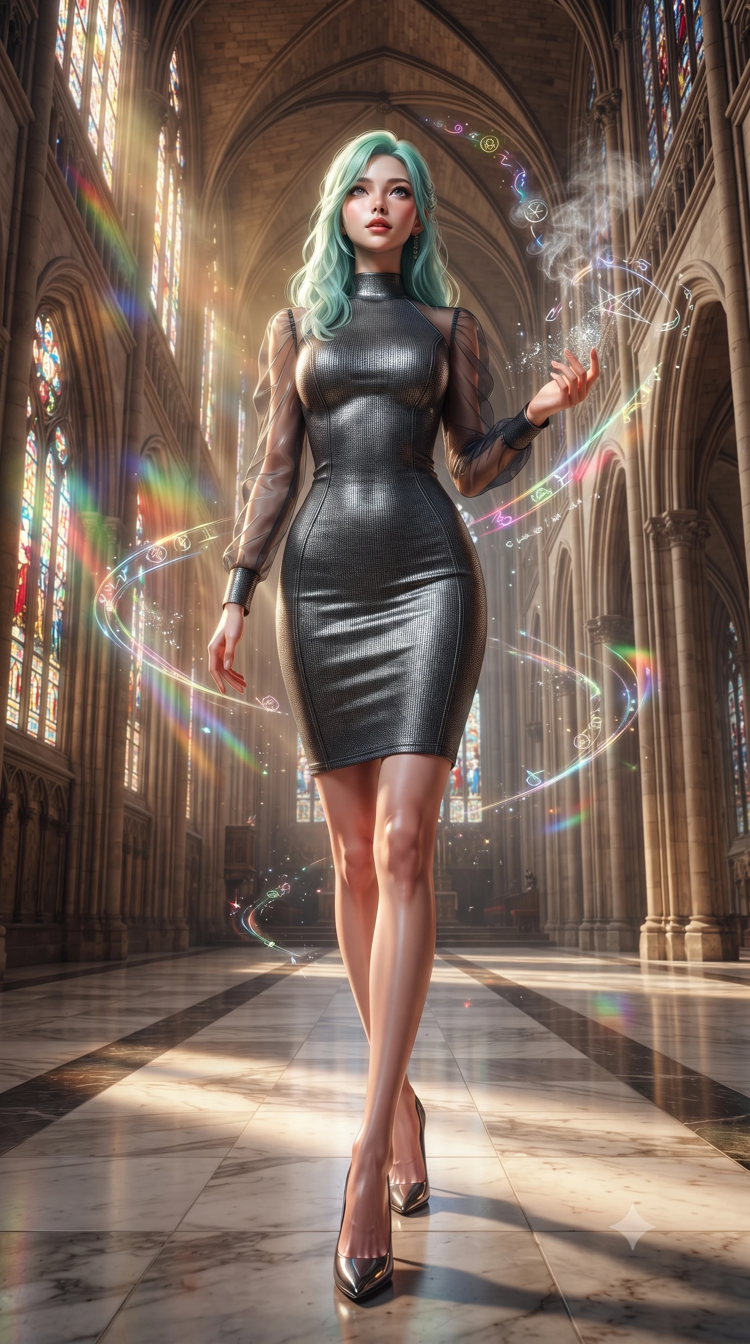 score_9, masterpiece, best quality, ultra-detailed, high-budget anime keyframe, editorial fashion photography, tasteful artistic composition, Japanese woman. low angle full-body shot from head to toe showing her feet, filling the entire 9:16 vertical frame with her statuesque presence, stretching her vertical silhouette. interacting gracefully with the magical floating elements while maintaining a confident posture walking down a polished marble nave lined with tall stained glass arcades, floating glass dust and incense smoke scattering colorful light beams. She has an absolutely perfect, statuesque 8.5-heads proportion, an exceptionally tall and slender model-like female figure with impossibly long slender legs and an ultra-slim waist. sharp v-shaped jawline, high-bridge nose, intricate jewel-like eyes with depth, thick eyelashes, glossy lips with a natural sheen. wearing a sleek bodycon knit dress with strategic sheer organza sleeve panels and a tight waist, the sleek second-skin texture accentuating her magnetic presence. illuminated by a warm golden key light and brilliant multi-color rim light. ultra-reflective glossy finish, specular highlights, metallic sheen, high-contrast stereoscopic depth, volumetric dynamic lighting, 2k, ultra detail, master piece, 9:16 ratio