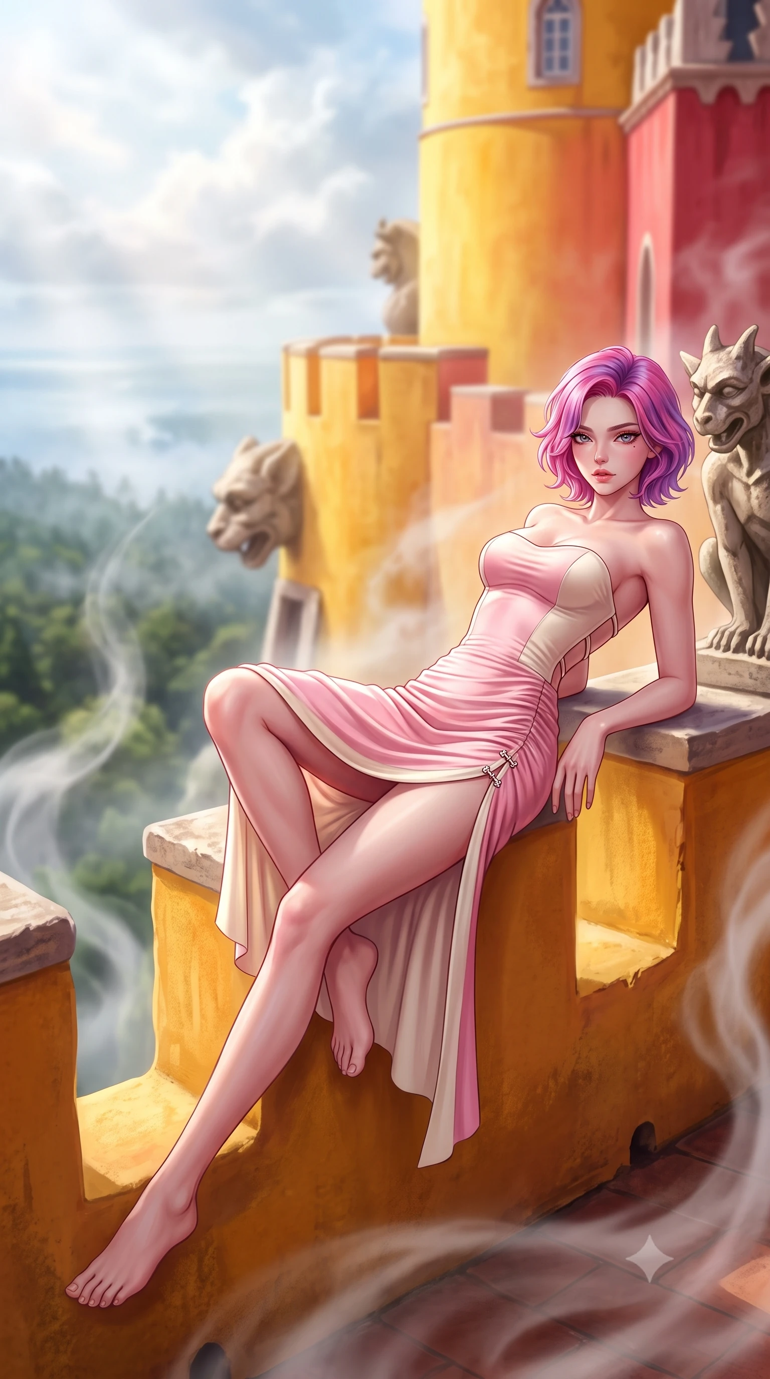 score_9, masterpiece, best quality, ultra-detailed, high-budget anime keyframe, semi-realistic 3D game render, editorial fashion photography, tasteful artistic composition, Caucasian woman. low angle full-body shot from head to toe showing her feet, filling the entire 9:16 vertical frame with her statuesque presence, stretching her vertical silhouette. reclining on her side in an elegant Cleopatra pose with one knee drawn up, the dramatic contour of her rounded hips and long slender legs commanding the 9:16 vertical frame while standing on the vivid ochre and rose-red castle rampart balcony, arching her lower back as Atlantic coastal mist swirls through the enchanted forest below. The composition keeps background elements in soft focus with creamy bokeh. rising ocean mist ribbons and gargoyle stone carvings softened in romantic Portuguese shallow focus. She has an exceptionally tall and slender model-like 8.5-heads proportion, an ultra-slim waist, a flat toned midriff, narrow delicate ribcage, and beautifully sculpted feminine hips creating a graceful, slim hourglass silhouette without any bulky heaviness, with impossibly long slender legs. sharp v-shaped jawline, high-bridge nose, intricate jewel-like eyes with depth, thick eyelashes, glossy parted lips with a natural sheen, intensely captivating and seductive bedroom-eyes expression, flawlessly proportioned anatomical accuracy, strict slender model proportions, natural body alignment, perfectly sculpted long slender limbs, ultra-slim waistline, clean dynamic posture without body distortion. wearing an ultra-fitted strapless bustier midi dress with side hip ruching and exposed spine in sakura blossom pink and warm ivory, tailored from liquid silk jersey adhering flawlessly to her slender build, finished with an ultra-high side slit secured by miniature jeweled clasps, the second-skin form-contouring cut accentuating her sculpted flat midriff, narrow delicate ribcage, and gracefully curvy hips with supermodel precision. bathed in luminous coastal mist sunlight breaking through clouds onto the vibrant palace walls. highly saturated vibrant anime colors, detailed shading with soft gradients, rich glossy textures, high-contrast stereoscopic depth, volumetric dynamic lighting, master piece, 9:16 ratio