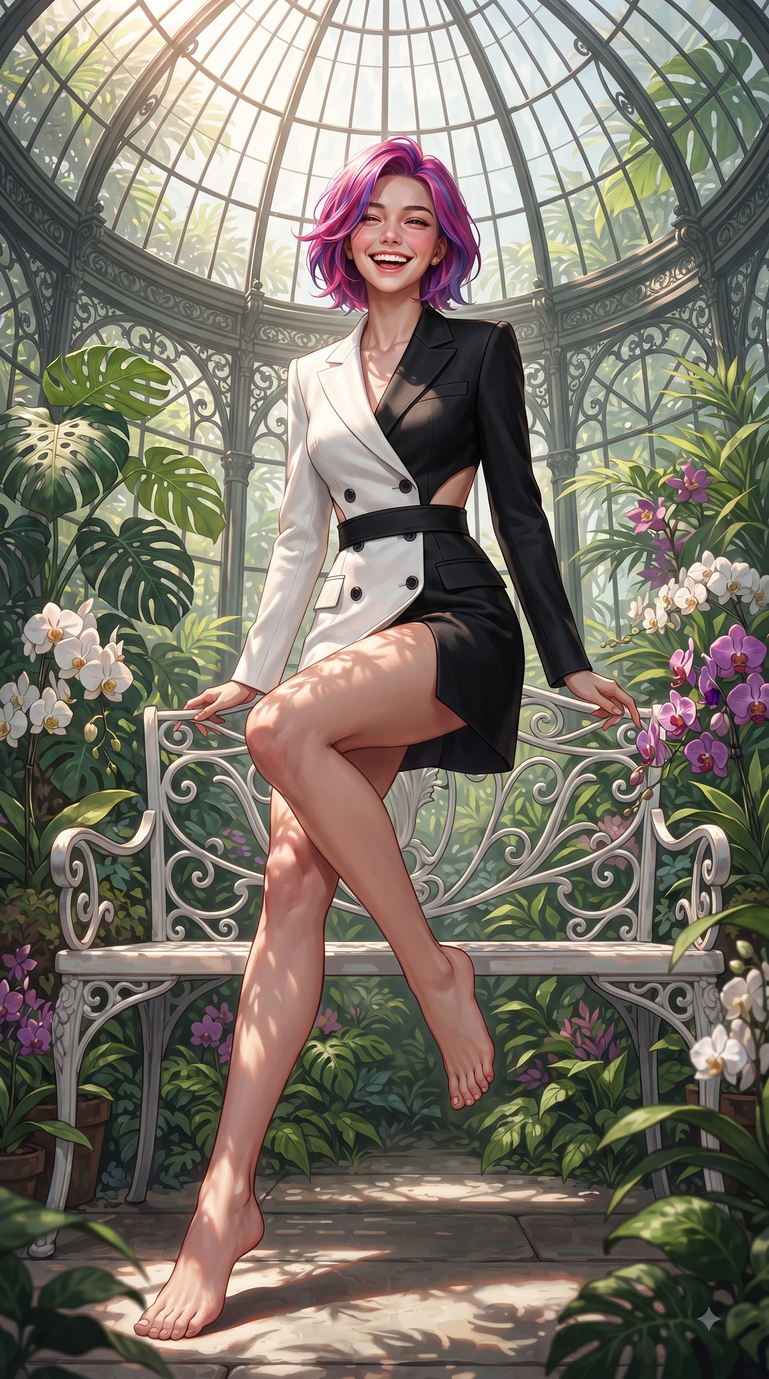 score_9, masterpiece, best quality, ultra-detailed, high-budget anime keyframe, editorial fashion photography, tasteful artistic composition, Caucasian woman. low angle full-body shot from head to toe showing her feet, filling the entire 9:16 vertical frame with her statuesque presence, stretching her vertical silhouette. leaping with pure youthful energy through the scene with a radiant bright smile, her long slender legs balanced gracefully while sitting on a white iron garden bench surrounded by blooming orchids and Monstera leaves. The surrounding environment is rendered in vivid detail and crisp panoramic clarity. intricate glasshouse dome architecture, cascading tropical vines, and vibrant botanical displays in deep focus. She has an absolutely perfect, statuesque 8.5-heads proportion, an exceptionally tall and slender model-like female figure with impossibly long slender legs and an ultra-slim waist. sharp v-shaped jawline, high-bridge nose, intricate jewel-like eyes with depth, thick eyelashes, glossy lips with a natural sheen, flawlessly proportioned anatomical accuracy, natural body alignment, perfectly sculpted elegant limbs, clean dynamic posture without body distortion. wearing a tailored double-breasted blazer dress with a sleek waist belt and clean lines in sleek jet black and pure white contrast, knitted from soft cozy cashmere yarn, complemented by clean architectural cutouts along her slender torso, the elegant draped fit framing her graceful clavicle and slender torso. illuminated by fresh botanical sunbeams casting delicate leaf patterns. ultra-reflective glossy finish, specular highlights, metallic sheen, high-contrast stereoscopic depth, volumetric dynamic lighting, 2k, ultra detail, master piece, 9:16 ratio
