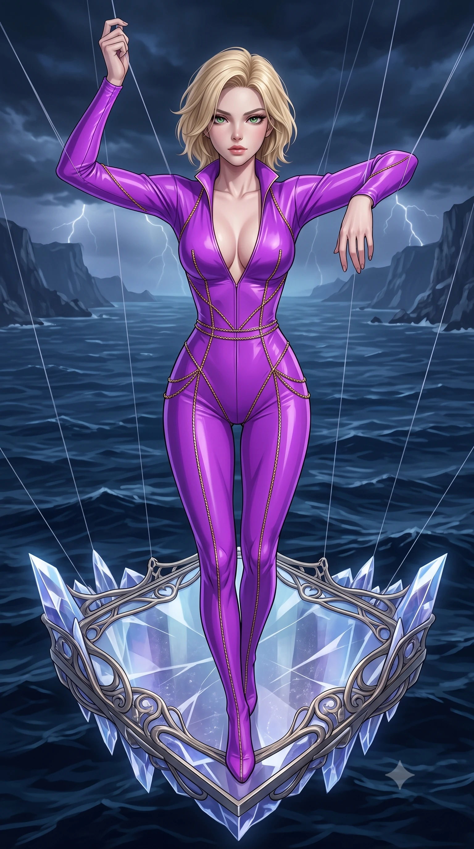 score_9, masterpiece, best quality, ultra-detailed, High-budget Anime Keyframe, Caucasian woman, strictly human ears. Low angle cowboy shot filling the entire 9:16 frame with her statuesque presence. Scenario 505: suspended by invisible silk threads inside a floating platform suspended over a stormy sea of dark blue water. Her presence is magnetic and overpowering in this high-budget anime scene. Outfit 505: a tailored neon violet matte vinyl catsuit featuring an elegant plunging collar and fine gold chains. The clothing is designed to emphasize her exceptionally tall and slender 8-heads proportion. 8-heads proportion, towering silhouette, ultra-slim waist. sharp v-shaped jawline, intricate jewel-like eyes with depth, thick eyelashes, glossy lips. 2k, ultra detail, master piece, 9:16 ratio