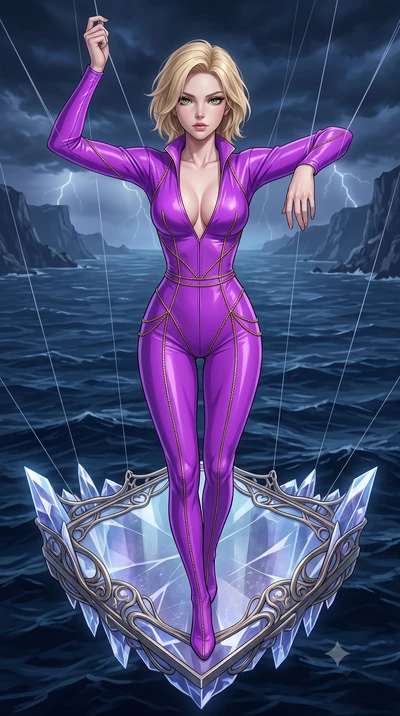 score_9, masterpiece, best quality, ultra-detailed, High-budget Anime Keyframe, Caucasian woman, strictly human ears. Low angle cowboy shot filling the entire 9:16 frame with her statuesque presence. Scenario 505: suspended by invisible silk threads 