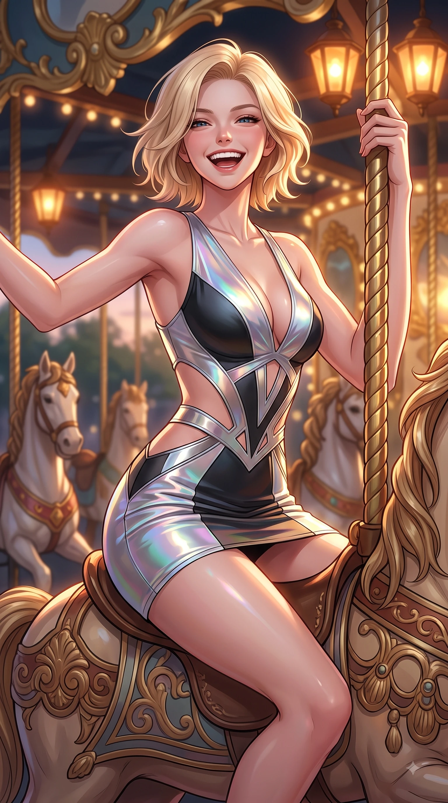 score_9, masterpiece, best quality, ultra-detailed, high-budget anime keyframe, editorial fashion photography, tasteful artistic composition, Caucasian woman. close-up cowboy shot from the waist and thighs up, the character dominates the composition, filling the frame with her large presence, background elements kept in soft focus. Joyful laughing expression filled with genuine happiness and warmth, leaning forward with cheerful energy while riding a ornate wooden carousel horse with a pure, joyful laughing expression at dusk, ornate carved carousel horses with gold-leaf trim reflecting bright amber highlights. She has an exceptionally elegant, slender, and willowy female figure with an ultra-slim waist, a gracefully sculpted slender torso, and a refined silhouette. sharp v-shaped jawline, high-bridge nose, intricate jewel-like eyes with depth, thick eyelashes, glossy lips with a natural sheen, flawlessly proportioned anatomical accuracy, natural body alignment, perfectly sculpted elegant limbs, clean dynamic posture without body distortion. wearing a liquid mercury gloss mini dress with ultra-deep V-neck and waist cutouts in matte black and polished silver, crafted from iridescent chiffon that shifts colors in the light, featuring clean architectural cutouts along her slender torso, the sleek second-skin texture accentuating her magnetic presence. bathed in glorious golden hour sunbeams and warm amber carousel lamp radiance. highly saturated vibrant anime colors, detailed shading with soft gradients, rich glossy textures, high-contrast stereoscopic depth, volumetric dynamic lighting, master piece, 9:16 ratio