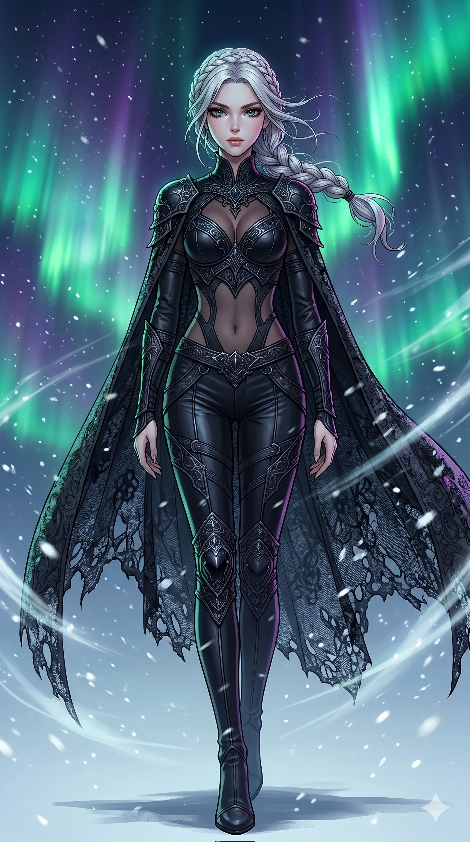 score_9, masterpiece, best quality, ultra-detailed, high-budget anime movie keyframe, cinematic anime lighting, intricate line art, Japanese woman. Low angle cowboy shot filling the entire 9:16 frame with her statuesque presence. walking through a blizzard in a minimalist digital void amidst aurora borealis. She has an absolutely perfect 8-heads proportion, an exceptionally tall and slender female figure with an ultra-slim waist and impossibly long slender legs. sharp v-shaped jawline, high-bridge nose, intricate jewel-like eyes, thick eyelashes, glossy lips. Wearing dark fantasy gothic leather armor with ornate obsidian plates, a tattered lace cape, and sheer mesh cut-outs at the midriff, exuding a mysterious allure. The scene is illuminated by dramatic atmospheric lighting and vibrant color palettes. , 2k, ultra detail, master piece, 9:16 ratio