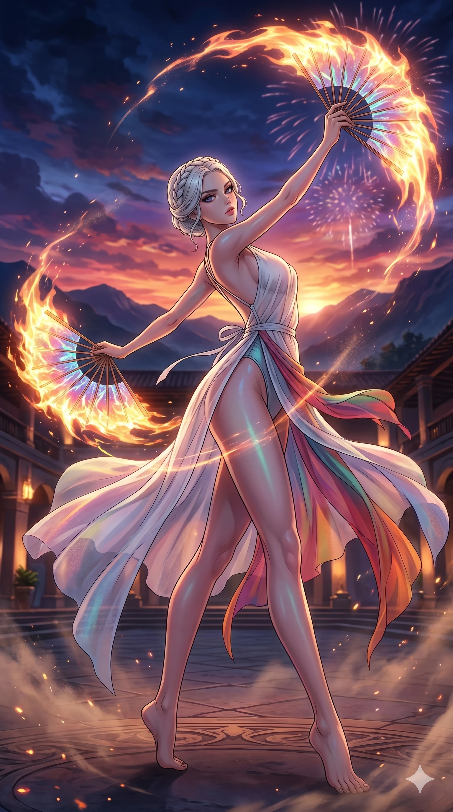 score_9, masterpiece, best quality, ultra-detailed, high-budget anime movie keyframe, cinematic anime lighting, intricate line art, Caucasian (strictly human ears) woman. Dynamic full-body shot stretching the vertical silhouette with extreme perspective. performing a traditional fan dance with fans made of holographic fire. She has an absolutely perfect 8-heads proportion, an exceptionally tall and slender female figure with an ultra-slim waist and impossibly long slender legs. strictly human anatomy, two legs only, no extra limbs, clearly defined legs and arms, perfect anatomy, perfect hands and fingers. sharp v-shaped jawline, high-bridge nose, intricate jewel-like eyes, thick eyelashes, glossy lips. Wearing Seasonal/Resort: High-cut one-piece with sarong, linen sundress with tie-back, and sheer fabric wrap. The scene is illuminated by dramatic atmospheric lighting and vibrant color palettes. , 2k, ultra detail, master piece, 9:16 ratio
