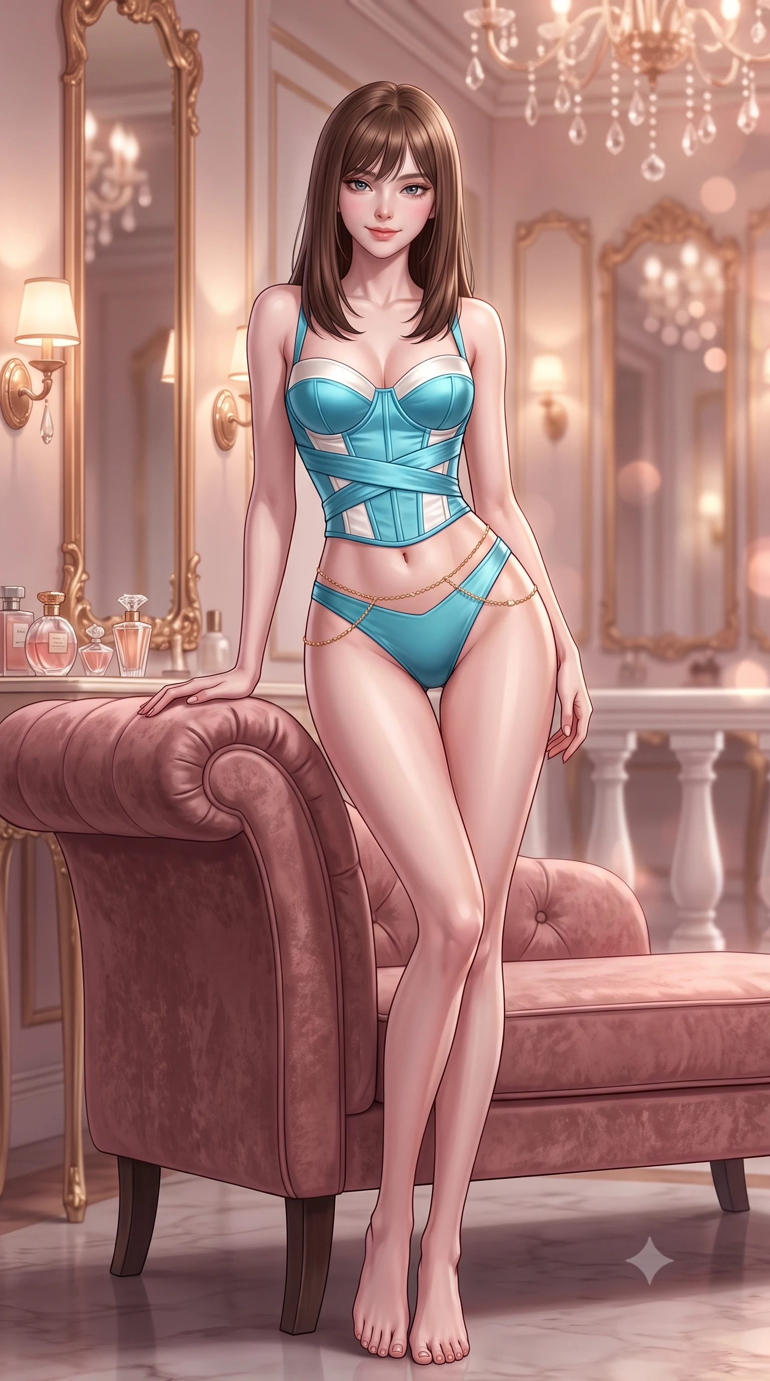 score_9, masterpiece, best quality, ultra-detailed, high-budget anime keyframe, semi-realistic 3D game render, editorial fashion photography, tasteful artistic composition, Korean woman. low angle full-body shot from head to toe showing her feet, filling the entire 9:16 vertical frame with her statuesque presence, stretching her vertical silhouette. leaning deep against the balcony balustrade with hips cocked back in an unapologetically alluring high-fashion stance, casting an intoxicating glance while leaning back against the tufted dusty-rose velvet chaise with hips cocked back, looking directly into the camera with an irresistible bedroom-gaze. The background shows a soft-focus infinite mirror reflections of gilded rococo frames, perfume crystal bottles on vanity table, and chandelier drops blurred into rose-gold, blush, and champagne bokeh. She has an absolutely perfect, statuesque 8.5-heads proportion, an exceptionally tall and slender model-like female figure with impossibly long slender legs, an ultra-slim waist, a flat toned midriff, narrow delicate ribcage, and beautifully sculpted feminine hips creating a graceful, slim hourglass silhouette without any bulky heaviness. sharp v-shaped jawline, high-bridge nose, sparkling eyes with hypnotic seductive depth, thick curled eyelashes, glossy parted lips with a natural dewy peach sheen, alluring bedroom-eyes with an enchanting coquettish smile, exuding magnetic siren charisma and sophisticated glamour, flawlessly proportioned anatomical accuracy, strict slender model proportions, natural body alignment, perfectly sculpted long slender limbs, ultra-slim waistline, clean dynamic posture without body distortion. wearing a structured boned satin corset bodice with obi-inspired wrap ribbon cinching her ultra-slim waistline in Capri turquoise and pure pearl white, crafted from fluid liquid silk satin that clings smoothly to every curve with a dewy sheen, accented with a dainty gold belly chain resting across her flat midriff and curving hips, the glove-like clinging cut tightly following the natural contour of her hips and long slender legs with youthful 8.5-heads elegance. bathed in intimate warm 2700K vanity sconce lighting combined with overhead chandelier sparkle creating multi-angle highlights. highly saturated vibrant anime colors, detailed shading with soft gradients, rich glossy textures, high-contrast stereoscopic depth, volumetric dynamic lighting, master piece, 9:16 ratio
