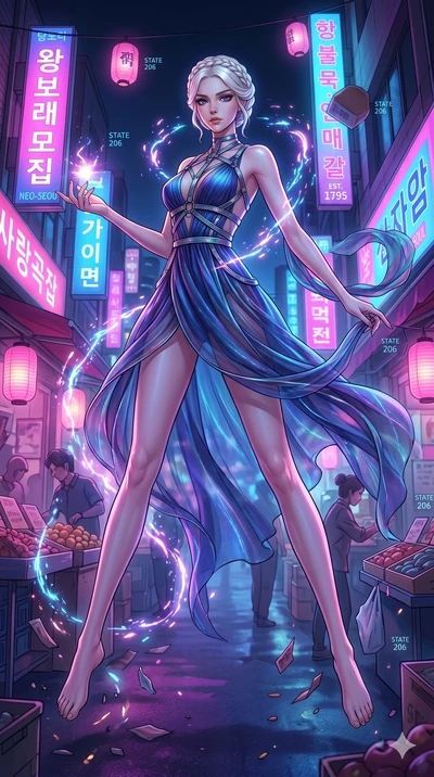 score_9, masterpiece, best quality, ultra-detailed, Set A: High-budget Anime Keyframe, Caucasian (strictly human ears) woman. Low angle cowboy shot filling the entire 9:16 frame with her statuesque presence. Floating through a neon-lit Neo-Seoul mark