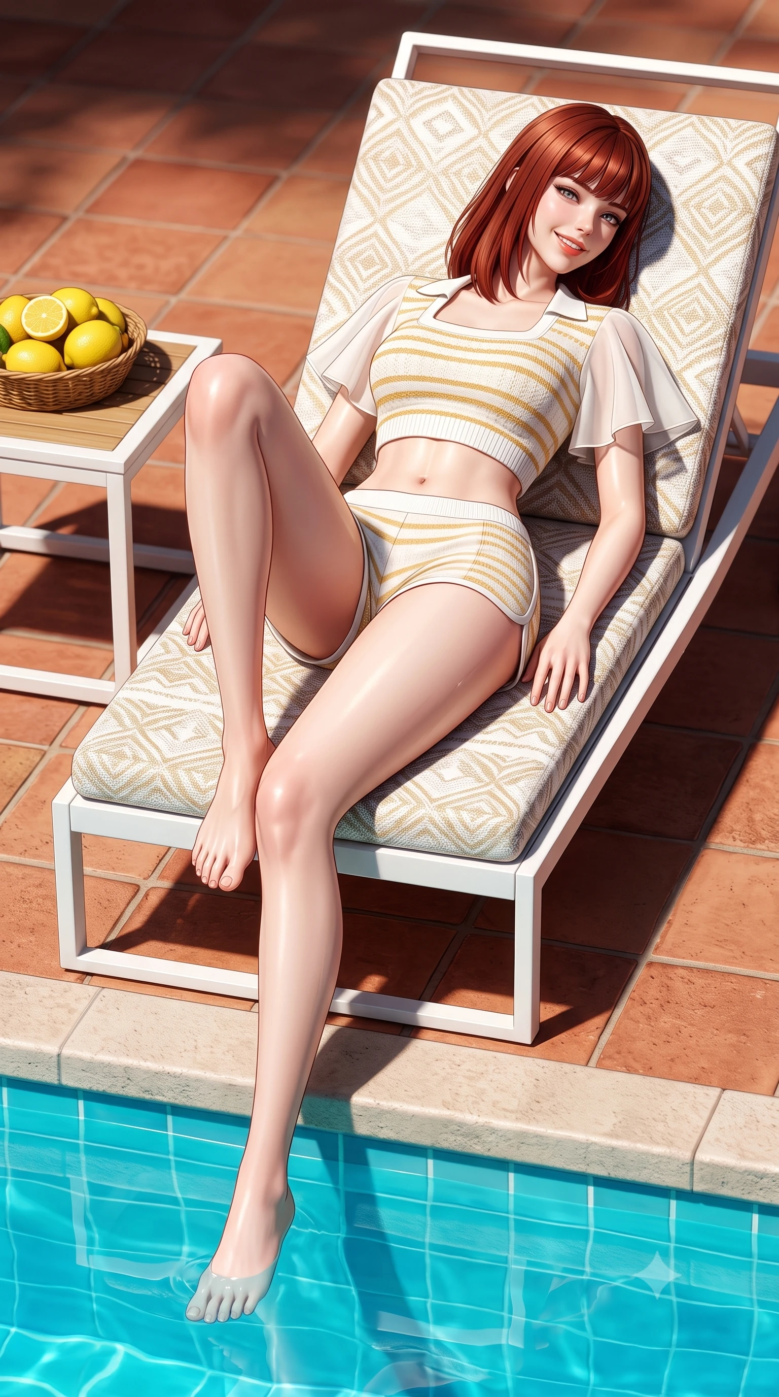 score_9, masterpiece, best quality, ultra-detailed, high-budget anime keyframe, semi-realistic 3D game render, editorial fashion photography, tasteful artistic composition, Caucasian woman. low angle full-body shot from head to toe showing her feet, filling the entire 9:16 vertical frame with her statuesque presence, stretching her vertical silhouette. reclining languidly on her side across the sunbed with one knee drawn up, her radiant smile and arched hip curve commanding the 9:16 vertical frame with youthful sensual charisma while wading lightly through the crystal turquoise pool with hips cocked back, looking over her shoulder with an alluring, sun-kissed bedroom-gaze. The surrounding environment is rendered in vivid detail and crisp panoramic clarity. sharp pool water surface tension, terracotta tile textures, and lemon rind details in deep focus. She has an exceptionally tall and slender model-like 8.5-heads proportion, an ultra-slim waist, a flat toned midriff, narrow delicate ribcage, and beautifully sculpted feminine hips creating a graceful, slim hourglass silhouette without any bulky heaviness, with impossibly long slender legs. sharp v-shaped jawline, high-bridge nose, intricate jewel-like sparkling eyes with depth, thick eyelashes, glossy parted lips with a natural peach sheen, bright cheerful beaming smile with an enchanting and coquettish sensual glint, exuding both youthful cute charm and seductive allure, flawlessly proportioned anatomical accuracy, strict slender model proportions, natural body alignment, perfectly sculpted long slender limbs, ultra-slim waistline, clean dynamic posture without body distortion. wearing a cropped knitted polo sweater paired with high-cut tailored tennis shorts hugging her rounded hips in pure alabaster white and sun-kissed gold, woven from layered gossamer organza with weightless flutter, featuring elegant flutter sleeves and a graceful square neckline, the form-fitting cut adhering flawlessly to her sculpted flat midriff and slender torso, emphasizing her long leg lines and perfectly proportioned willowy build. illuminated by intense pool water specular reflections sharply defining her razor-sharp jawline, narrow waist, and curvy hips. highly saturated vibrant anime colors, detailed shading with soft gradients, rich glossy textures, high-contrast stereoscopic depth, volumetric dynamic lighting, master piece, 9:16 ratio