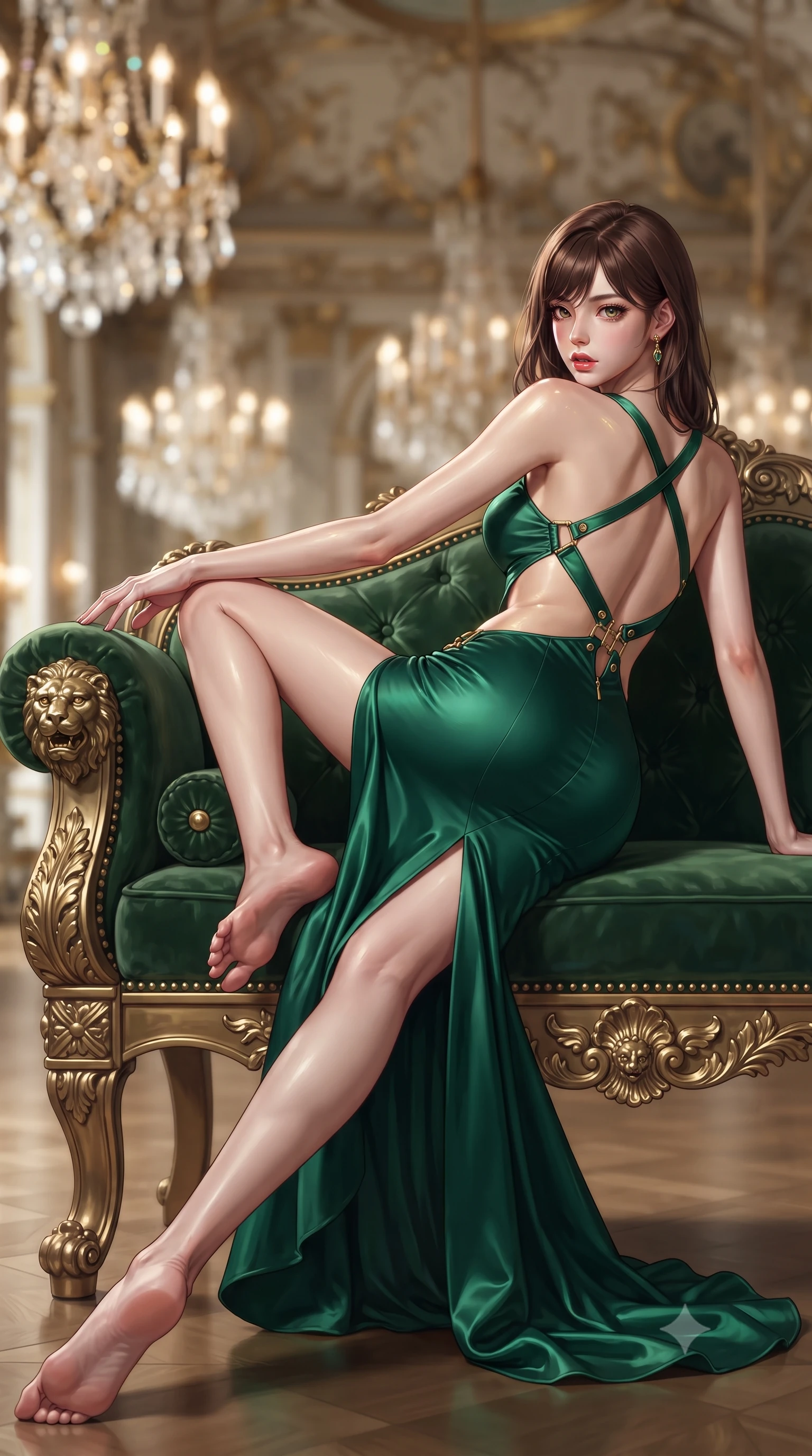 score_9, masterpiece, best quality, ultra-detailed, high-budget anime keyframe, semi-realistic 3D game render, editorial fashion photography, tasteful artistic composition, Korean woman. low angle full-body shot from head to toe showing her feet, filling the entire 9:16 vertical frame with her statuesque presence, stretching her vertical silhouette. striding forward in a proud supermodel runway stride, hips swaying in an alluring kinetic rhythm that accentuates her curvy hourglass silhouette while reclining languidly on an antique Russian imperial chaise longue, her slender waist and feminine curves framed by deep green stone and gold leaf. The composition keeps background elements in soft focus with creamy bokeh. glittering crystal chandeliers and gilded bronze ceiling ornaments blurred into rich emerald, imperial gold, and champagne bokeh. She has an exceptionally tall and slender model-like 8.5-heads proportion, an ultra-slim waist, a flat toned midriff, narrow delicate ribcage, and beautifully sculpted feminine hips creating a graceful, slim hourglass silhouette without any bulky heaviness, with impossibly long slender legs. sharp v-shaped jawline, high-bridge nose, intricate jewel-like eyes with depth, thick eyelashes, glossy parted lips with a natural sheen, intensely captivating and seductive bedroom-eyes expression, flawlessly proportioned anatomical accuracy, strict slender model proportions, natural body alignment, perfectly sculpted long slender limbs, ultra-slim waistline, clean dynamic posture without body distortion. wearing a sculptured liquid-satin mermaid gown with an architectural open-waist cutout and bare spine in deep emerald green satin and gold hardware, tailored from ultra-smooth duchess satin with a pearlescent sheen, finished with criss-cross back satin straps highlighting her graceful shoulder blades, the form-contouring material adhering flawlessly to her sculpted flat midriff and slender torso, emphasizing her long leg lines and perfectly proportioned willowy build. illuminated by gilded bronze specular reflections accentuating her sculpted collarbones, narrow waist, and curvy hips. highly saturated vibrant anime colors, detailed shading with soft gradients, rich glossy textures, high-contrast stereoscopic depth, volumetric dynamic lighting, master piece, 9:16 ratio