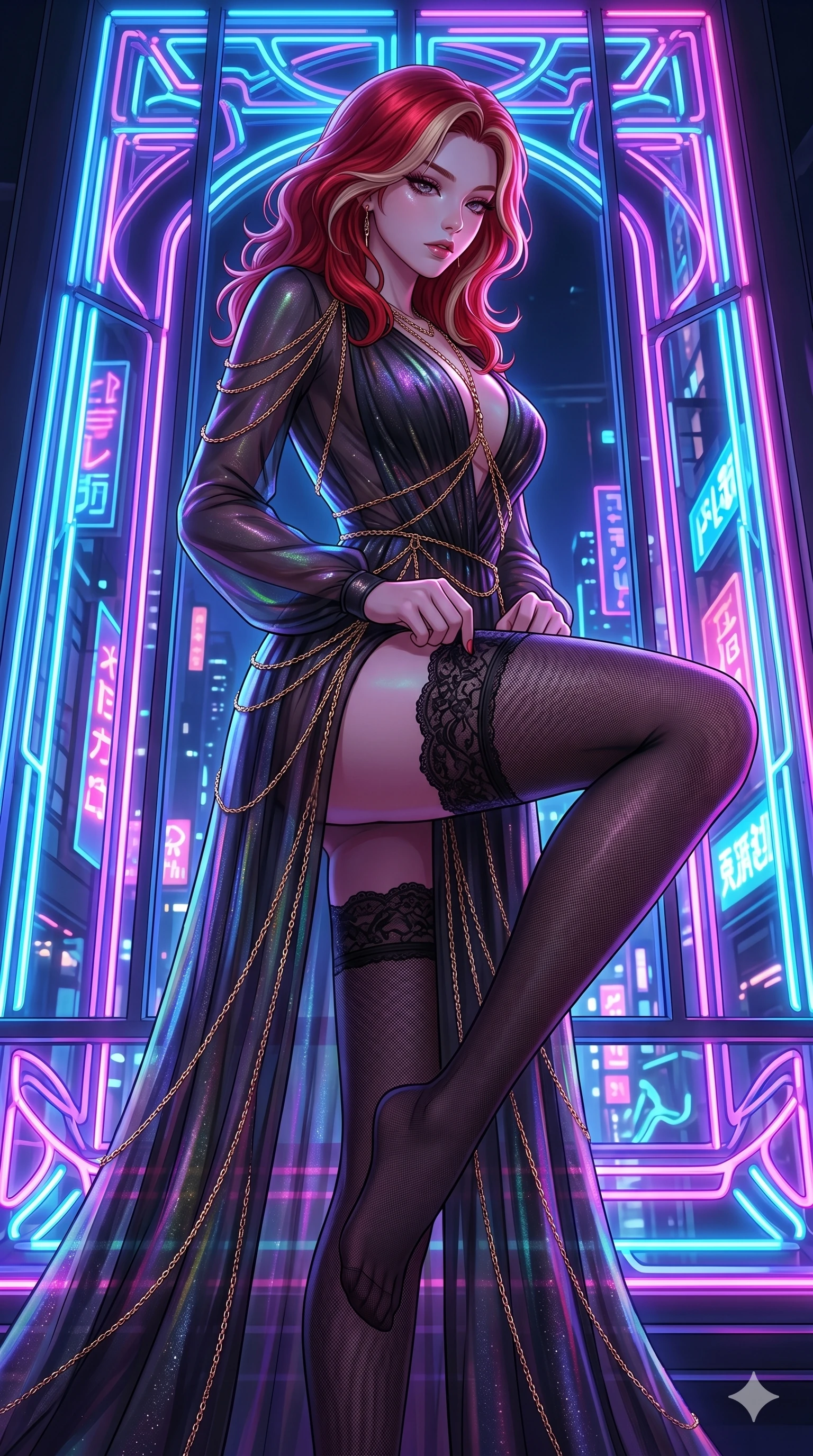 score_9, masterpiece, best quality, ultra-detailed, High-budget Anime Keyframe, East Asian woman. Low angle cowboy shot filling the entire 9:16 frame with her statuesque presence. Scenario 87: Adjusting her thigh-high stocking by a glowing neon window. Her presence is magnetic and overpowering in this high-budget anime scene. Outfit 87: A shimmering chiffon long with a thigh-high slit and fine gold chains. The clothing is designed to emphasize her exceptionally tall and slender 8-heads proportion. 8-heads proportion, towering silhouette, ultra-slim waist. sharp v-shaped jawline, intricate jewel-like eyes with depth, thick eyelashes, glossy lips. 2k, ultra detail, master piece, 9:16 ratio