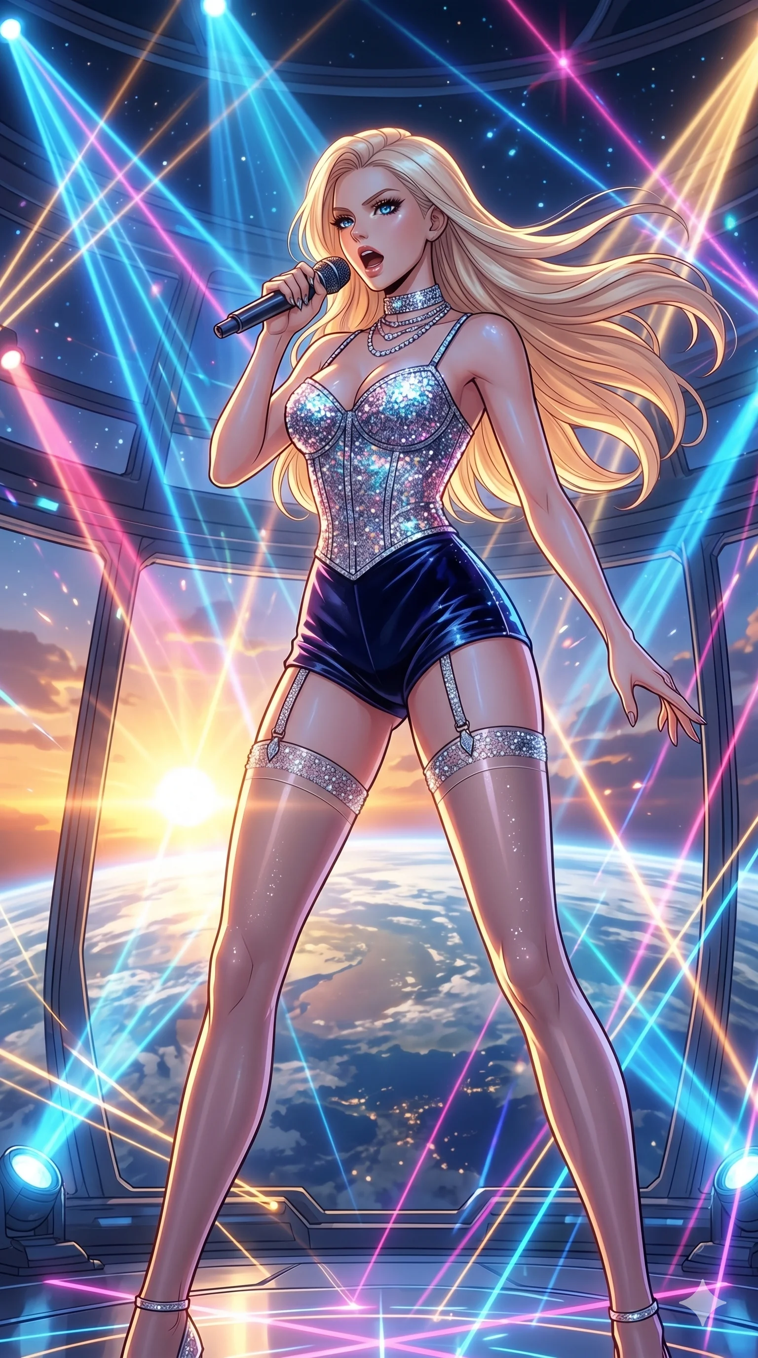 score_9, masterpiece, best quality, ultra-detailed, high-budget anime movie keyframe, cinematic anime lighting, intricate line art, Caucasian (strictly human ears) woman. Low angle cowboy shot filling the entire 9:16 frame with her statuesque presence. singing on a laser stage in a futuristic orbital station during a golden sunset. She has an absolutely perfect 8-heads proportion, an exceptionally tall and slender female figure with an ultra-slim waist and impossibly long slender legs. sharp v-shaped jawline, high-bridge nose, intricate jewel-like eyes, thick eyelashes, glossy lips. Wearing luxurious K-pop idol stage outfit featuring a sparkling sequined corset, high-cut velvet shorts, and sheer silk stockings with garter belts, accessorized with crystal chokers. The scene is illuminated by dramatic atmospheric lighting and vibrant color palettes. , 2k, ultra detail, master piece, 9:16 ratio