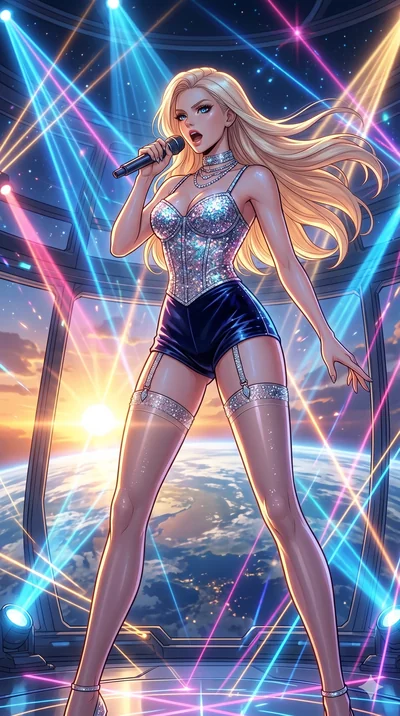 score_9, masterpiece, best quality, ultra-detailed, high-budget anime movie keyframe, cinematic anime lighting, intricate line art, Caucasian (strictly human ears) woman. Low angle cowboy shot filling the entire 9:16 frame with her statuesque presenc