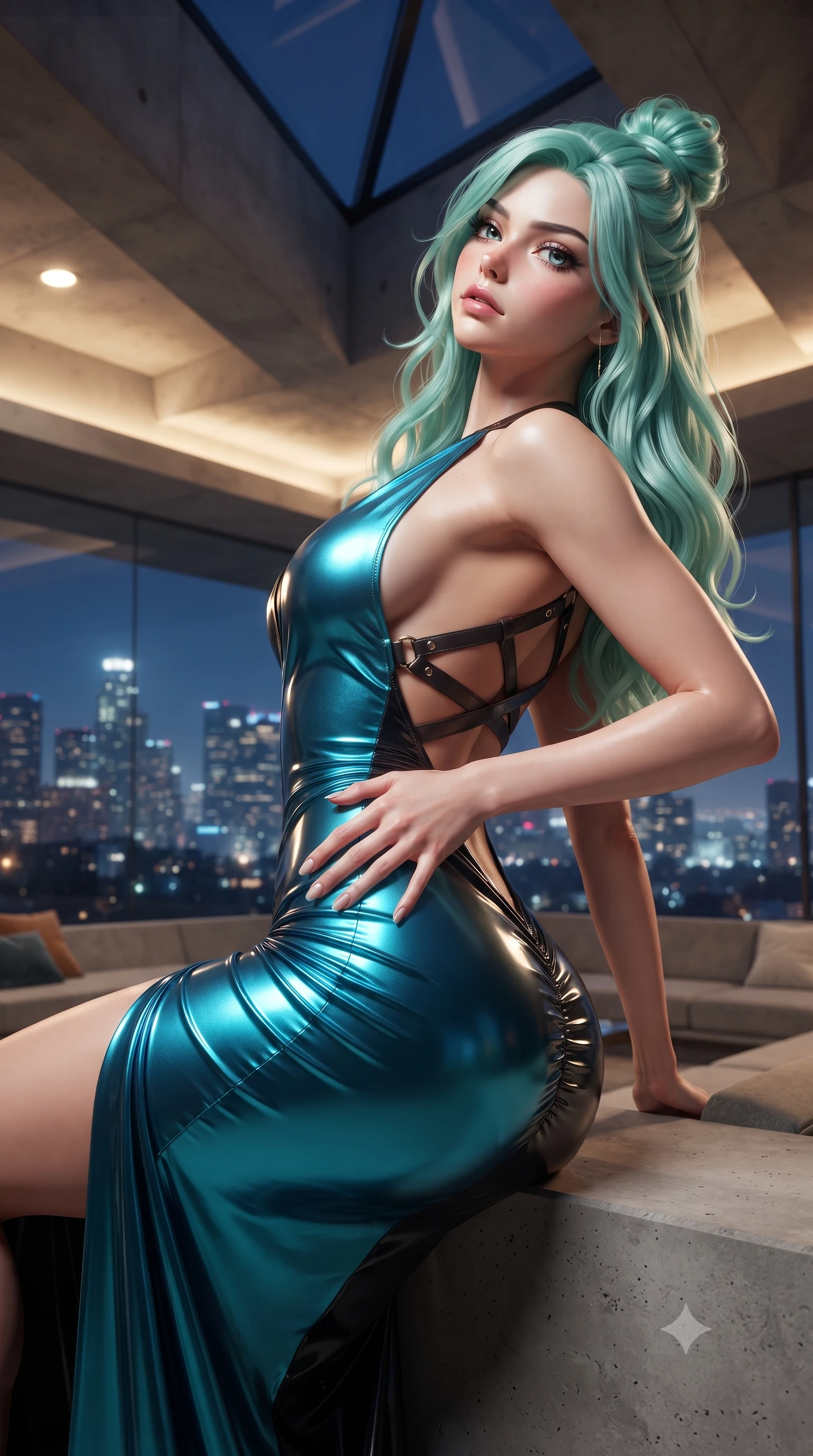score_9, masterpiece, best quality, ultra-detailed, high-budget anime keyframe, editorial fashion photography, tasteful artistic composition, Japanese woman. close-up cowboy shot from the waist and thighs up, the character dominates the composition, filling the frame with her large presence. tilting her chin up with proud, sovereign allure while gazing through thick eyelashes, one hand resting on her waist in pure supermodel charisma while lounging in the iconic angular concrete sunken living room, arching her back as the glittering Los Angeles city lights spread endlessly beyond frameless glass. The composition keeps background elements in soft focus with creamy bokeh. triangular skylight glass lenses and modernist architectural concrete beams softened in cinematic Hollywood shallow focus. She has an exceptionally elegant, slender, and willowy female figure with an ultra-slim waist, flat toned midriff, narrow ribcage, and sculpted feminine hips creating an alluring, slim hourglass silhouette without bulk. sharp v-shaped jawline, high-bridge nose, intricate jewel-like eyes with depth, thick eyelashes, glossy parted lips with a natural sheen, intensely captivating and seductive bedroom-eyes expression, flawlessly proportioned anatomical accuracy, strict slender model proportions, natural body alignment, perfectly sculpted long slender limbs, ultra-slim waistline, clean dynamic posture without body distortion. wearing a plunging halter-neck metallic lamé column dress with a dramatic bare spine and hip-defining ruching in neon electric cyan and lacquer black, tailored from second-skin aerodynamic stretch vinyl with specular wet sheen, featuring an open-back criss-cross harness strap in dark leather, the liquid-tight tailored fabric clinging flawlessly to her narrow waist and rounded feminine hips, emphasizing every millimeter of her sculpted slim hourglass curves without any bulky heaviness. bathed in warm recessed architectural cove lighting contrasting with cool blue night city ambient skylight. ultra-reflective glossy finish, specular highlights, rich textural contrasts, high-contrast stereoscopic depth, volumetric dynamic lighting, 2k, ultra detail, master piece, 9:16 ratio