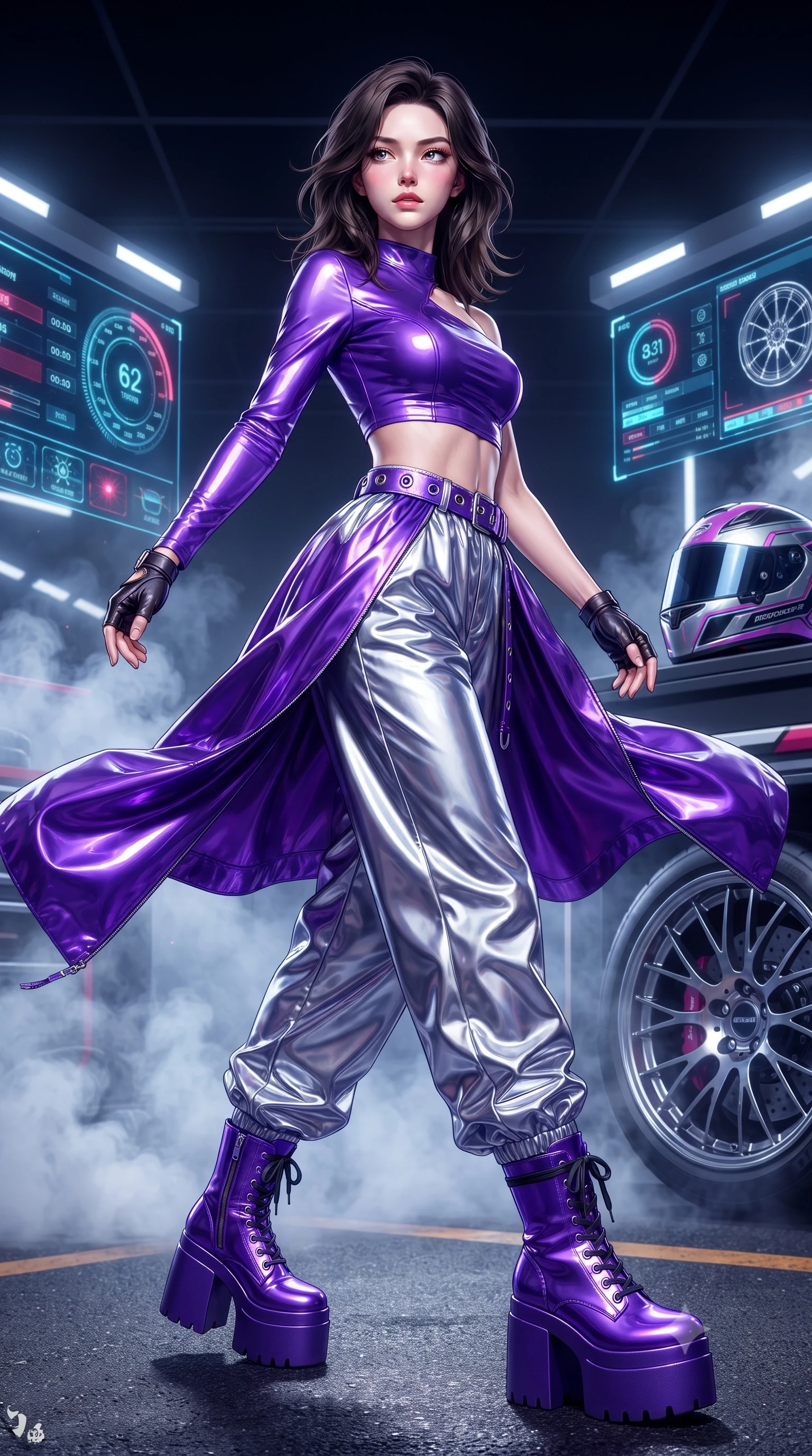 score_9, masterpiece, best quality, ultra-detailed, high-budget anime keyframe, editorial fashion photography, tasteful artistic composition, Korean woman. low angle full-body shot from head to toe showing her feet, filling the entire 9:16 vertical frame with her statuesque presence, stretching her vertical silhouette. executing an elegant mid-motion turn as garments swirl around her slender limbs, glancing over her shoulder with smoldering allure while stepping forward with proud runway strides amidst rising tire smoke, her statuesque vertical presence commanding the frame. The surrounding environment is rendered in vivid detail and crisp panoramic clarity. detailed holographic timing displays, alloy wheel spokes, and high-tech racing helmet in high clarity. She has an absolutely perfect, statuesque 8.5-heads proportion, an exceptionally tall and slender model-like female figure with impossibly long slender legs, a toned flat midriff, and an ultra-slim waist. sharp v-shaped jawline, high-bridge nose, intricate jewel-like eyes with depth, thick eyelashes, glossy parted lips with a natural sheen, intensely captivating and seductive expression, flawlessly proportioned anatomical accuracy, strict slender model proportions, natural body alignment, perfectly sculpted long slender limbs, ultra-slim waistline, clean dynamic posture without body distortion. wearing an asymmetric single-sleeve moto crop top paired with baggy metallic parachute trousers and grommet belt in toxic ultraviolet purple and chrome silver, tailored from high-gloss patent vinyl with sharp specular chiaroscuro, accessorized with bold platform racing boots and fingerless leather gloves, the glove-like aerodynamic second-skin fit tightly clinging to her ultra-slender waist and athletic curves without adding bulk, accentuating her razor-sharp statuesque lines and slim hourglass silhouette. illuminated by crisp directional rim lighting sharply defining her razor-sharp jawline and feminine curves. ultra-reflective glossy finish, specular highlights, rich textural contrasts, high-contrast stereoscopic depth, volumetric dynamic lighting, 2k, ultra detail, master piece, 9:16 ratio