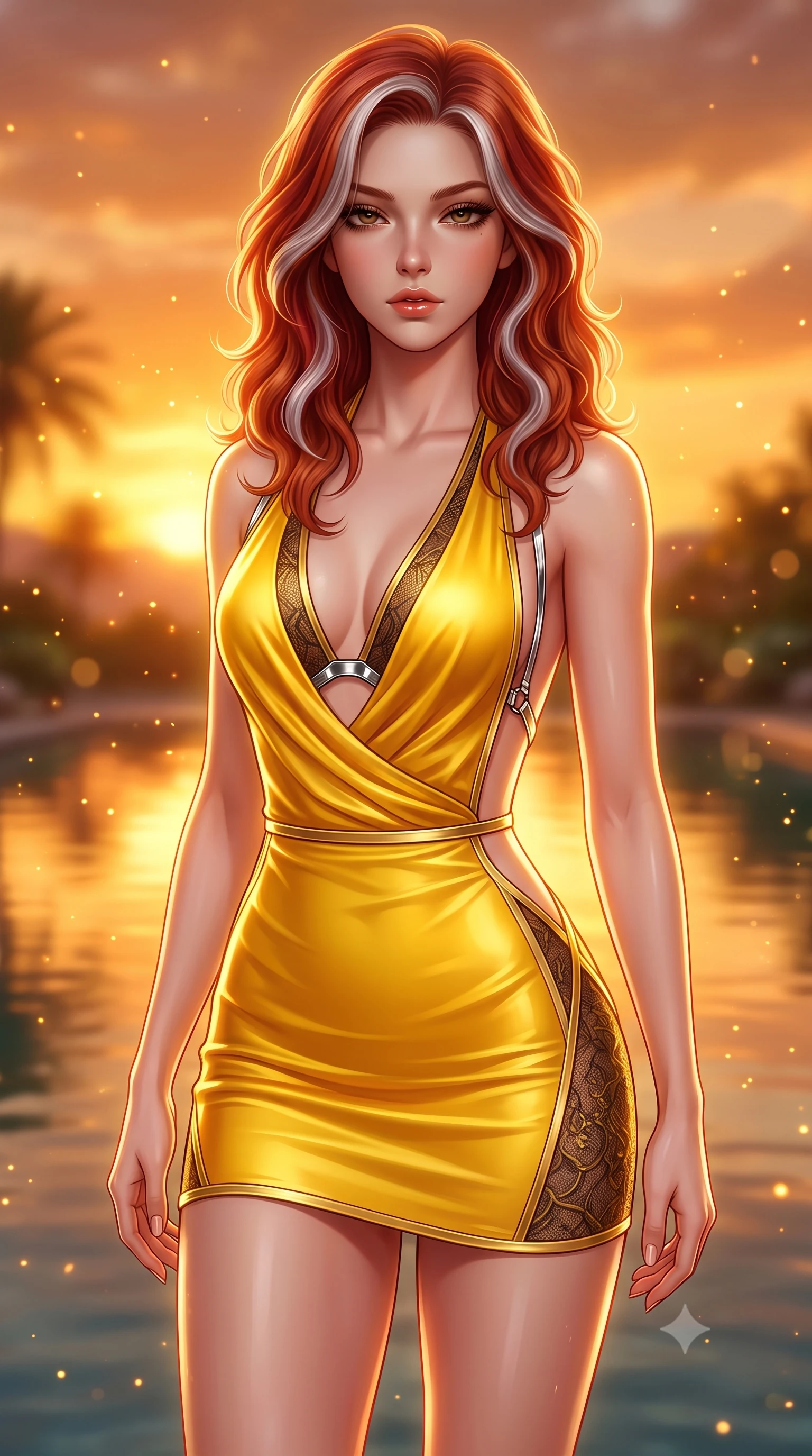 score_9, masterpiece, best quality, ultra-detailed, high-budget anime keyframe, semi-realistic 3D game render, editorial fashion photography, tasteful artistic composition, Caucasian woman. close-up cowboy shot from the waist and thighs up, the character dominates the composition, filling the frame with her large presence. casting a slow, smoldering gaze beneath heavy lashes with parted glossy lips, her head slightly tilted in captivating self-assurance while standing with commanding elegance at the edge of an oasis reflecting pool under a glorious glowing orange sky. The composition keeps background elements in soft focus with creamy bokeh. warm golden hour dust motes scattering radiant sunset glow across the background. She has an exceptionally elegant, slender, and willowy female figure with an ultra-slim waist, a gracefully sculpted slender torso, toned flat midriff, and a refined slim silhouette. sharp v-shaped jawline, high-bridge nose, intricate jewel-like eyes with depth, thick eyelashes, glossy lips with a natural sheen, flawlessly proportioned anatomical accuracy, strict slender model proportions, natural body alignment, perfectly sculpted long slender limbs, ultra-slim waistline, clean dynamic posture without body distortion. wearing a form-contouring liquid satin halter-neck mini dress with a deep crossover cowl front, open back, and ultra-slender waist drape in vibrant sunburst canary yellow and gold trim, crafted from delicate dark lace interwoven with luminescent micro-fibers, reinforced by a sleek metallic chrome harness and delicate glowing micro-straps, the form-contouring material adhering flawlessly to her sculpted flat midriff and slender torso, emphasizing her long leg lines and perfectly proportioned willowy build. illuminated by crisp golden rim highlights sharply defining her ultra-slim waist and long legs. highly saturated vibrant anime colors, detailed shading with soft gradients, rich glossy textures, high-contrast stereoscopic depth, volumetric dynamic lighting, master piece, 9:16 ratio
