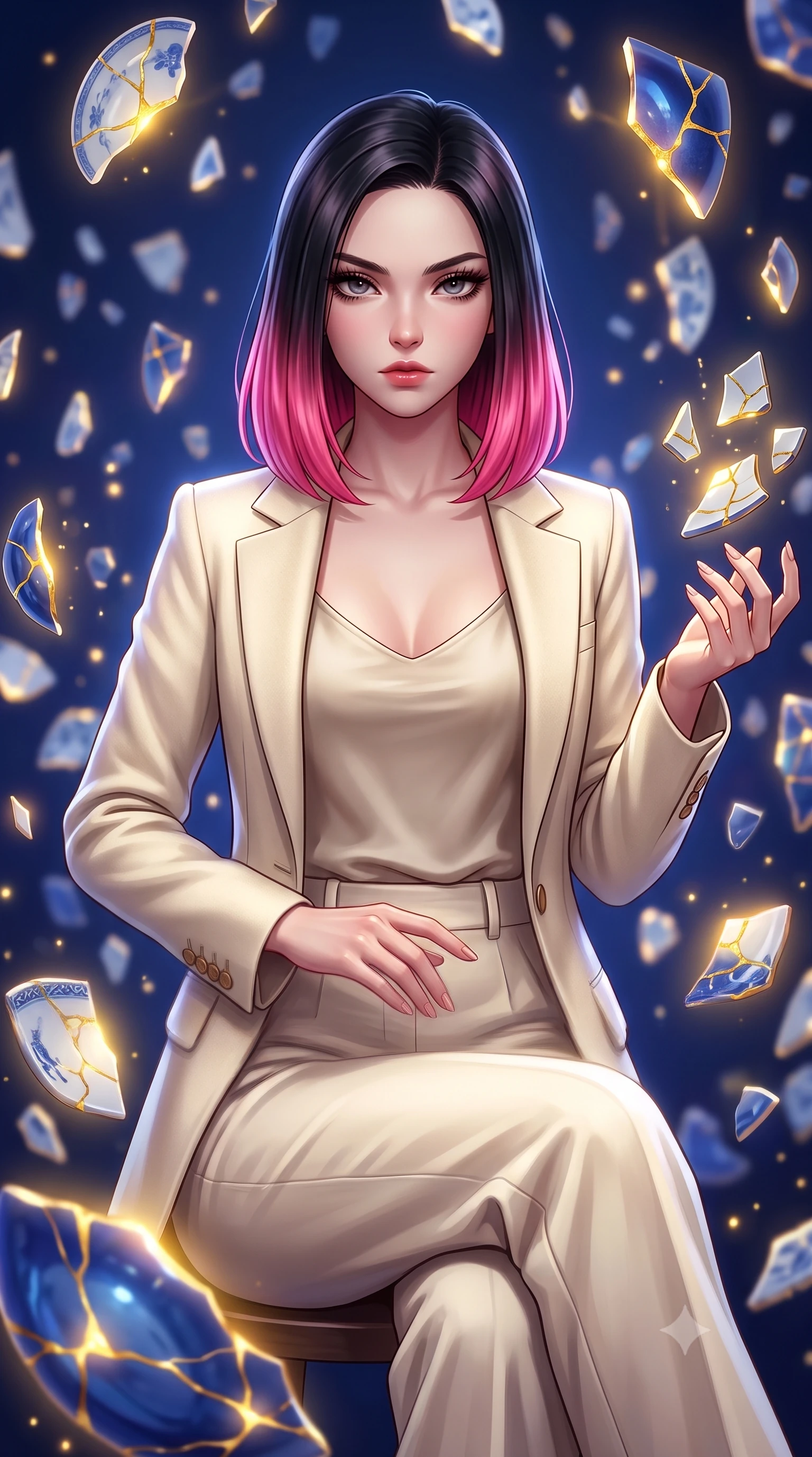 score_9, masterpiece, best quality, ultra-detailed, high-budget anime keyframe, editorial fashion photography, tasteful artistic composition, Korean woman woman. close-up cowboy shot from the waist and thighs up, the character dominates the composition, filling the frame with her large presence, background elements kept in soft focus. She has an exceptionally elegant, slender, and willowy female figure with an ultra-slim waist, a gracefully sculpted slender torso, and a refined silhouette. casting a slow, direct gaze beneath heavy lashes with magnetic intensity, flawlessly proportioned anatomical accuracy, natural body alignment, perfectly sculpted elegant limbs, clean dynamic posture without body distortion. set against a soft-focus background of a floating blue porcelain workshop with levitating kintsugi shards. wearing a tailored cream wool blazer over an oatmeal silk camisole and wide-leg trousers. bathed in gold ethereal light radiating from gold cracks in floating ceramics with intense inner glow. highly saturated vibrant anime colors, detailed shading with soft gradients, rich glossy textures, high-contrast stereoscopic depth, volumetric dynamic lighting, master piece, 9:16 ratio