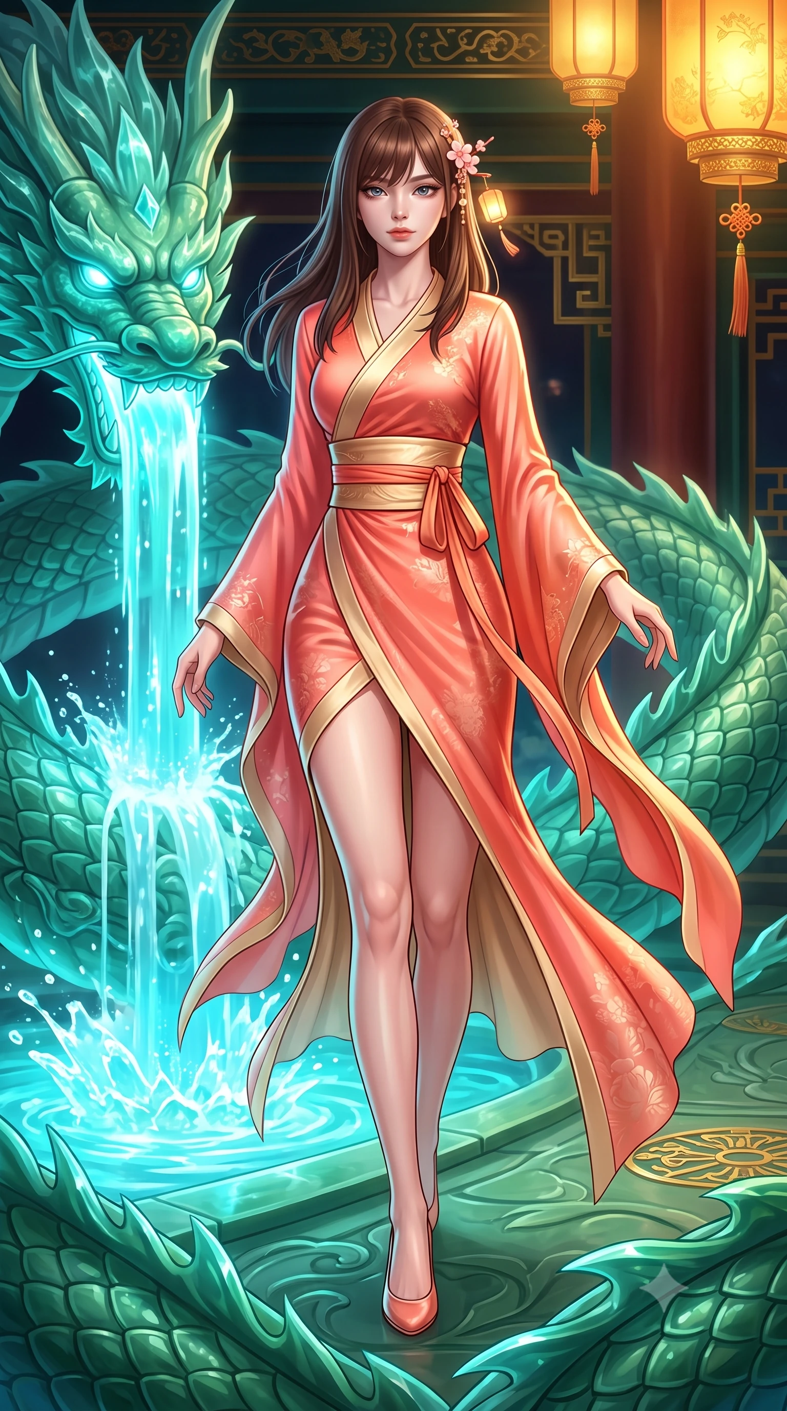 score_9, masterpiece, best quality, ultra-detailed, high-budget anime keyframe, semi-realistic 3D game render, editorial fashion photography, tasteful artistic composition, Korean woman. low angle full-body shot from head to toe showing her feet, filling the entire 9:16 vertical frame with her statuesque presence, stretching her vertical silhouette. stepping forward gracefully in mid-motion, displaying her toned flat midriff and flawlessly sculpted slender limbs while standing poised on a sculpted jade terrace beside a glowing crystalline dragon spring where bioluminescent water cascades. The surrounding environment is rendered in vivid detail and crisp panoramic clarity. sharp carved jade dragon scale textures, crystalline water splash crests, and gold palace inlay in deep focus. She has an absolutely perfect, statuesque 8.5-heads proportion, an exceptionally tall and slender model-like female figure with impossibly long slender legs, a toned flat midriff, and an ultra-slim waist. sharp v-shaped jawline, high-bridge nose, intricate jewel-like eyes with depth, thick eyelashes, glossy lips with a natural sheen, captivating and magnetic expression, flawlessly proportioned anatomical accuracy, strict slender model proportions, natural body alignment, perfectly sculpted long slender limbs, ultra-slim waistline, clean dynamic posture without body distortion. wearing a traditional-modern silk fusion wrap dress with asymmetric trailing sleeves and waist-cinching obi in sunrise coral and champagne gold, made of liquid-smooth silk satin with subtle floral jacquard, accessorized with delicate cherry blossom hairpins and glowing paper lantern charms, the glove-like aerodynamic second-skin fit tightly clinging to her ultra-slender waist and athletic curves without adding bulk, accentuating her razor-sharp statuesque lines and slim hourglass silhouette. bathed in luminous cyan dragon spring uplights and warm imperial gold lantern downlights. highly saturated vibrant anime colors, detailed shading with soft gradients, rich glossy textures, high-contrast stereoscopic depth, volumetric dynamic lighting, master piece, 9:16 ratio