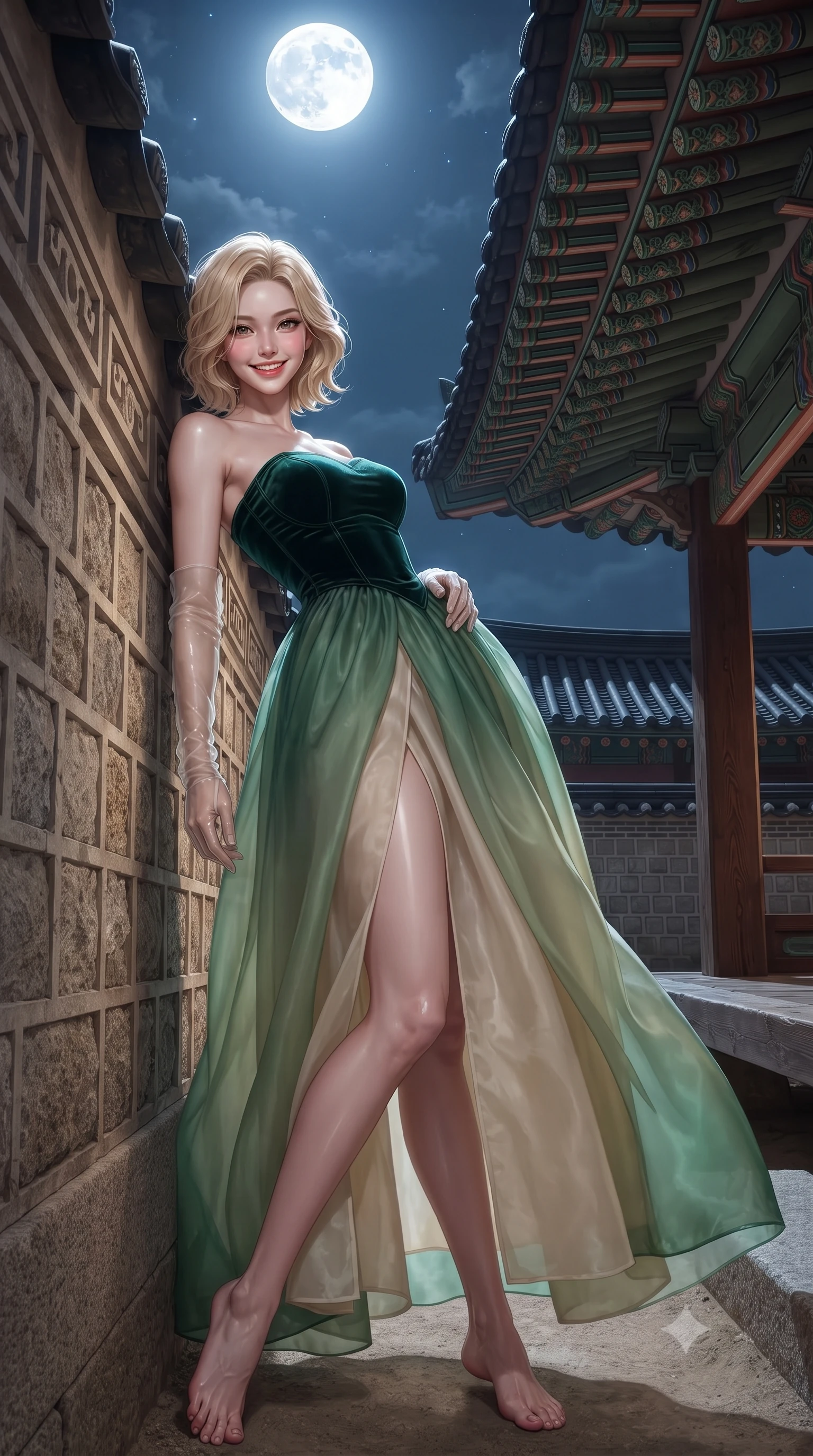 score_9, masterpiece, best quality, ultra-detailed, high-budget anime keyframe, editorial fashion photography, tasteful artistic composition, Caucasian woman. low angle full-body shot from head to toe showing her feet, filling the entire 9:16 vertical frame with her statuesque presence, stretching her vertical silhouette. leaning deep against the ancient temple wall with hips cocked back in an unapologetically alluring high-fashion stance, flashing a warm beaming smile while lounging in an open wooden royal pavilion with legs crossed, her long slender limbs and toned midriff framed by ancient Korean roof eaves. The surrounding environment is rendered in vivid detail and crisp panoramic clarity: detailed silk organza weave, moonlight specular reflections on skin, and classical Korean palace architecture in high resolution. She has an absolutely perfect, statuesque 8.5-heads proportion, an exceptionally tall and slender model-like female figure with impossibly long slender legs, an ultra-slim waist, a flat toned midriff, narrow delicate ribcage, and beautifully sculpted feminine hips creating a graceful, slim hourglass silhouette without any bulky heaviness. sharp v-shaped jawline, high-bridge nose, intricate jewel-like dark sparkling almond eyes with depth, thick lashes, glossy parted lips with a natural rose-plum sheen, bright alluring and coquettish smile with bedroom-eyes, exuding both timeless oriental elegance and sovereign high-fashion allure, flawlessly proportioned anatomical accuracy, strict slender model proportions, natural body alignment, perfectly sculpted long slender limbs, ultra-slim waistline, clean dynamic posture without body distortion. wearing a modern fusion hanbok dress with a structured velvet bodice and cascading sheer ombre organza skirt with front slit in fresh bamboo emerald and soft oatmeal cream, tailored from sheer gossamer silk organza with an airy weightless flutter, complemented by delicate sheer silk fingerless gloves reaching past her elbows, the form-contouring cut accentuating her sculpted flat midriff, narrow delicate ribcage, and gracefully curvy hips with regal oriental supermodel elegance. bathed in cold silver moonlight cascading down from a brilliant full moon overhead. ultra-reflective glossy finish, specular highlights, rich textural contrasts, high-contrast stereoscopic depth, volumetric dynamic lighting, 2k, ultra detail, master piece, 9:16 ratio