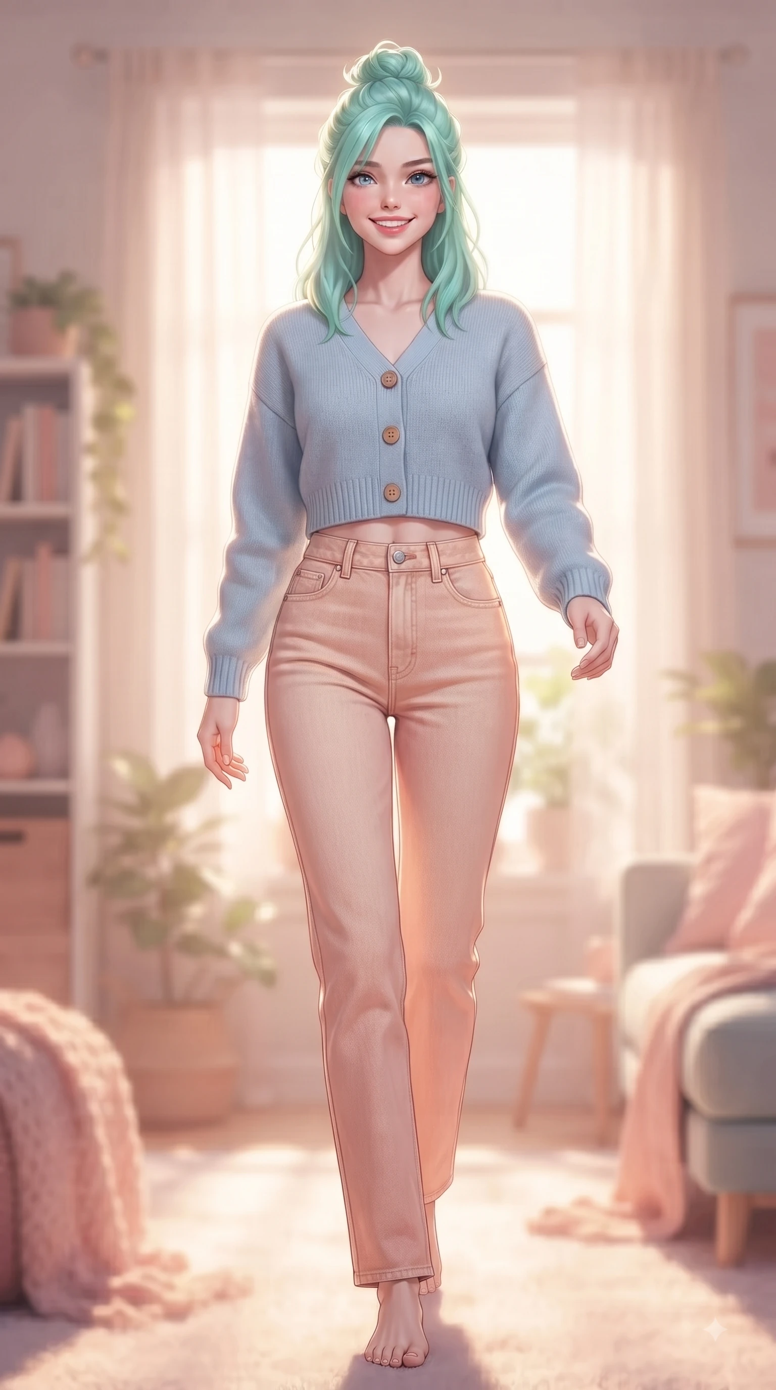 score_9, masterpiece, best quality, ultra-detailed, high-budget anime keyframe, editorial fashion photography, tasteful artistic composition, Japanese woman. low angle full-body shot from head to toe showing her feet, filling the entire 9:16 vertical frame with her statuesque presence, stretching her vertical silhouette. walking forward in a proud dynamic stride with a cheerful beaming smile, her vertical silhouette filling the frame while sitting near a sun-drenched window sill holding a warm mug of cocoa with a tender, happy expression. The composition keeps background elements in soft focus with dreamy bokeh. cozy pastel living room decor and soft textile textures blurred smoothly behind her. She has an absolutely perfect, statuesque 8.5-heads proportion, an exceptionally tall and slender model-like female figure with impossibly long slender legs and an ultra-slim waist. sharp v-shaped jawline, high-bridge nose, intricate jewel-like eyes with depth, thick eyelashes, glossy lips with a natural sheen, flawlessly proportioned anatomical accuracy, natural body alignment, perfectly sculpted elegant limbs, clean dynamic posture without body distortion. wearing a casual chic pastel blue cropped cardigan with high-rise straight-leg denim jeans in peach blossom pink and warm oatmeal, knitted from soft cozy cashmere yarn, finished with neat front wooden buttons and pocket details, the relaxed yet flattering fit accentuating her naturally graceful and slender figure. bathed in soft, warm morning sunlight streaming through sheer curtains. ultra-reflective glossy finish, specular highlights, metallic sheen, high-contrast stereoscopic depth, volumetric dynamic lighting, 2k, ultra detail, master piece, 9:16 ratio