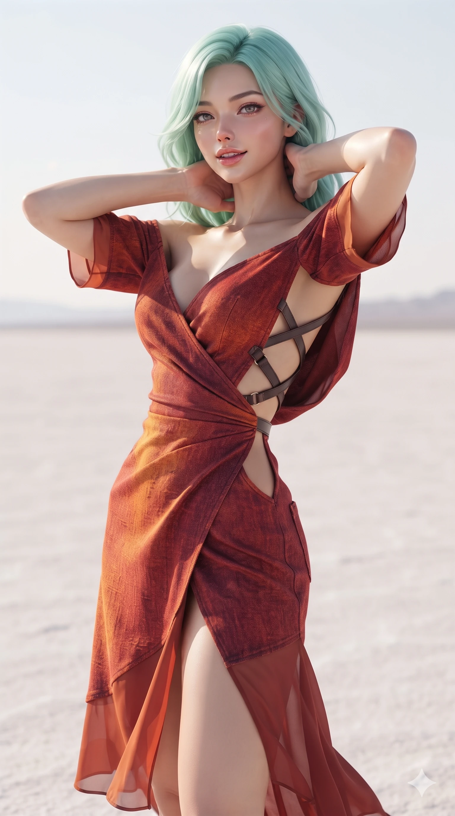 score_9, masterpiece, best quality, ultra-detailed, high-budget anime keyframe, editorial fashion photography, tasteful artistic composition, Japanese woman. close-up cowboy shot from the waist and thighs up, the character dominates the composition, filling the frame with her large presence. resting both hands lightly behind her neck with elbows raised, arching her spine to highlight her narrow waist, flat midriff, and breathtaking collarbones while standing tall against the stark minimalist horizon, arching her lower back with sovereign supermodel grace while resting both hands behind her head. The background shows a soft-focus vast desert horizon softened in surreal minimalist shallow focus. She has an exceptionally elegant, slender, and willowy female figure with an ultra-slim waist, flat toned midriff, narrow ribcage, and sculpted feminine hips creating an alluring, slim hourglass silhouette without bulk. sharp v-shaped jawline, high-bridge nose, sparkling eyes with hypnotic seductive depth, thick curled eyelashes, glossy parted lips with a natural dewy peach sheen, alluring bedroom-eyes with an enchanting coquettish smile, exuding magnetic siren charisma and sophisticated glamour, flawlessly proportioned anatomical accuracy, strict slender model proportions, natural body alignment, perfectly sculpted long slender limbs, ultra-slim waistline, clean dynamic posture without body distortion. wearing a translucent silk georgette desert wrap dress slipping off bare shoulders with a hip-high slit and open cowl back in blazing desert sunset orange and deep canyon crimson, woven from bespoke sun-bleached selvedge denim with rich tactile slub texture, featuring an open-back criss-cross harness strap in dark leather, the precision-cut side openings and low-back scoop framing her graceful spine and the sensual sweep of her slim, toned hips. illuminated by salt flat ground bounce and crisp silver-violet rim lights defining her razor-sharp jawline, narrow waist, and curvy hips. ultra-reflective glossy finish, specular highlights, rich textural contrasts, high-contrast stereoscopic depth, volumetric dynamic lighting, 2k, ultra detail, master piece, 9:16 ratio