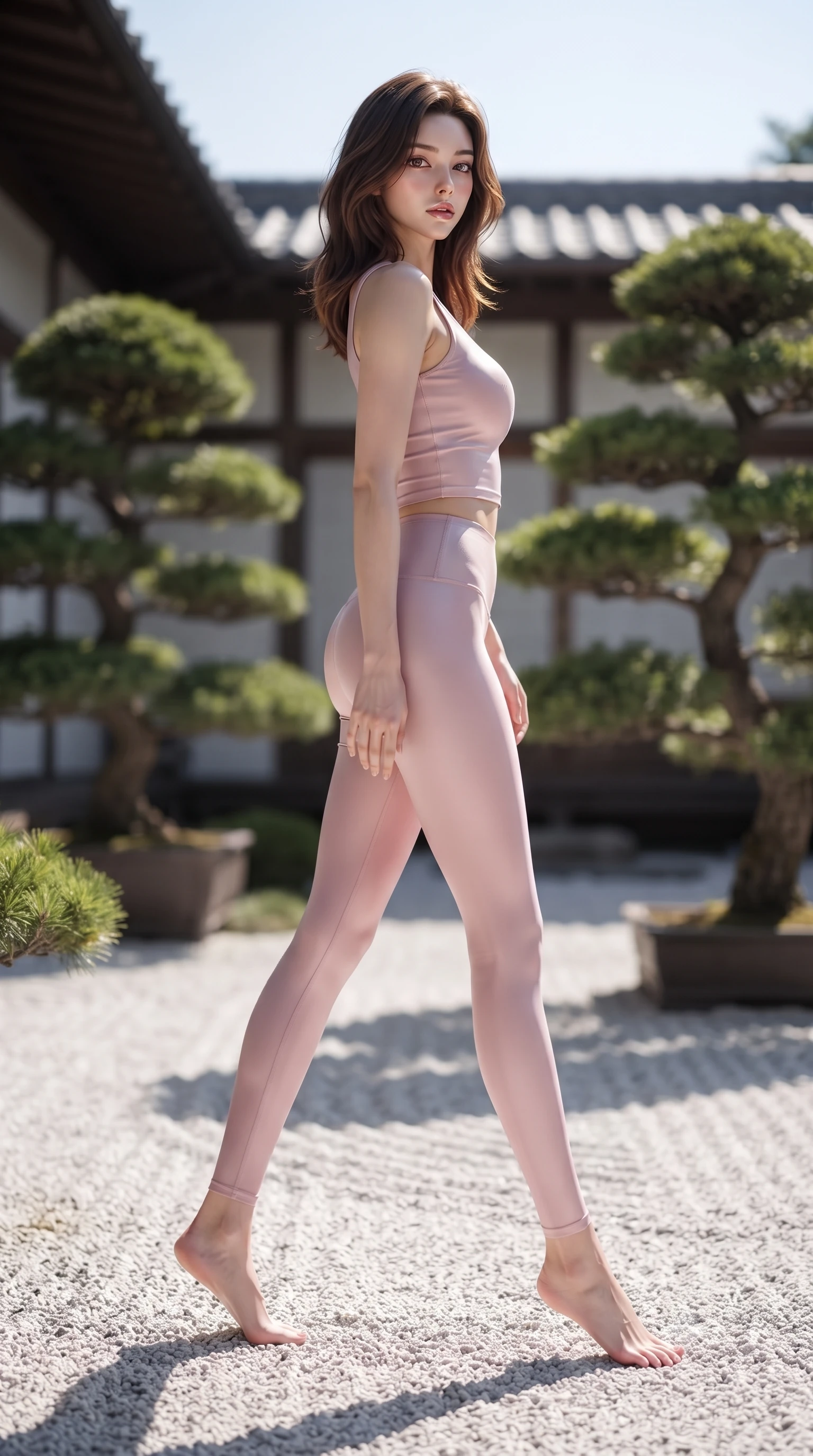 score_9, masterpiece, best quality, ultra-detailed, high-budget anime keyframe, editorial fashion photography, tasteful artistic composition, Korean woman woman. low angle full-body shot from head to toe showing her feet, filling the entire 9:16 vertical frame with her statuesque presence, stretching her vertical silhouette. stepping gracefully while looking back over her shoulder, her dress draped tightly to reveal her silhouette the background shows a soft-focus a white raked gravel courtyard with structured green bonsai trees in a quiet villa yard. She has an absolutely perfect, statuesque 8.5-heads proportion, an exceptionally tall and slender model-like female figure with impossibly long slender legs and an ultra-slim waist. sharp v-shaped jawline, high-bridge nose, intricate jewel-like eyes with depth, thick eyelashes, glossy lips with a natural sheen. wearing a slim-fit body-hugging light pink crop tank top paired with high-waisted tight-fitting leggings. crisp morning sunlight casting sharp, clean shadows across the gravel. ultra-reflective glossy finish, specular highlights, metallic sheen, high-contrast stereoscopic depth, volumetric dynamic lighting, 2k, ultra detail, master piece, 9:16 ratio