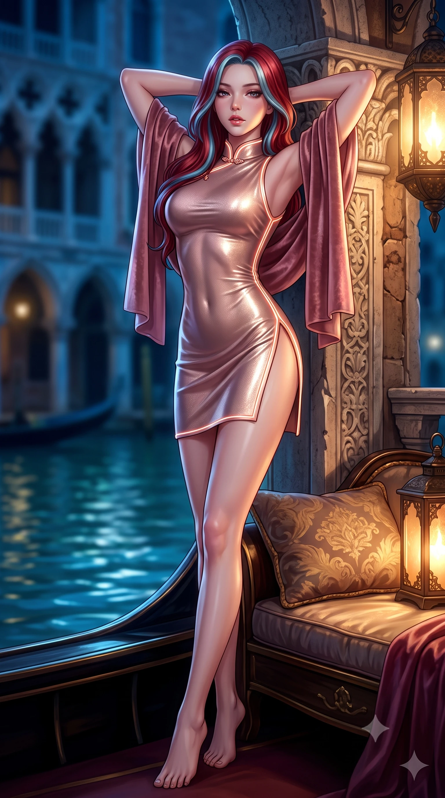 score_9, masterpiece, best quality, ultra-detailed, high-budget anime keyframe, semi-realistic 3D game render, editorial fashion photography, tasteful artistic composition, Caucasian woman. low angle full-body shot from head to toe showing her feet, filling the entire 9:16 vertical frame with her statuesque presence, stretching her vertical silhouette. leaning deep against the structural architecture with hips cocked in an unapologetically bold, seductive high-fashion stance while stretching languidly on the gondola daybed with hands raised behind her head, parted glossy lips reflecting flickering lantern glow. The composition keeps background elements in soft focus with creamy bokeh. moonlit Grand Canal waters and distant Venetian palazzo arches blurred into deep sapphire, antique gold, and emerald bokeh. She has an exceptionally tall and slender model-like 8.5-heads proportion, an ultra-slim waist, a flat toned midriff, narrow delicate ribcage, and beautifully sculpted feminine hips creating a graceful, slim hourglass silhouette without any bulky heaviness, with impossibly long slender legs. sharp v-shaped jawline, high-bridge nose, intricate jewel-like eyes with depth, thick eyelashes, glossy parted lips with a natural sheen, intensely captivating and seductive bedroom-eyes expression, flawlessly proportioned anatomical accuracy, strict slender model proportions, natural body alignment, perfectly sculpted long slender limbs, ultra-slim waistline, clean dynamic posture without body distortion. wearing a modernized cyber-qipao mini dress with an ultra-high side slit ascending to the hip and glowing piping in dusky blush rose and champagne shimmer, crafted from luxurious metallic lamé that shifts radiance with every step, complemented by a plush velvet shawl draped loosely over her elbows, the second-skin form-contouring cut accentuating her sculpted flat midriff, narrow delicate ribcage, and gracefully curvy hips with supermodel precision. illuminated by crisp specular highlights defining her slender neckline, ultra-slim waist, and curvy hips. highly saturated vibrant anime colors, detailed shading with soft gradients, rich glossy textures, high-contrast stereoscopic depth, volumetric dynamic lighting, master piece, 9:16 ratio