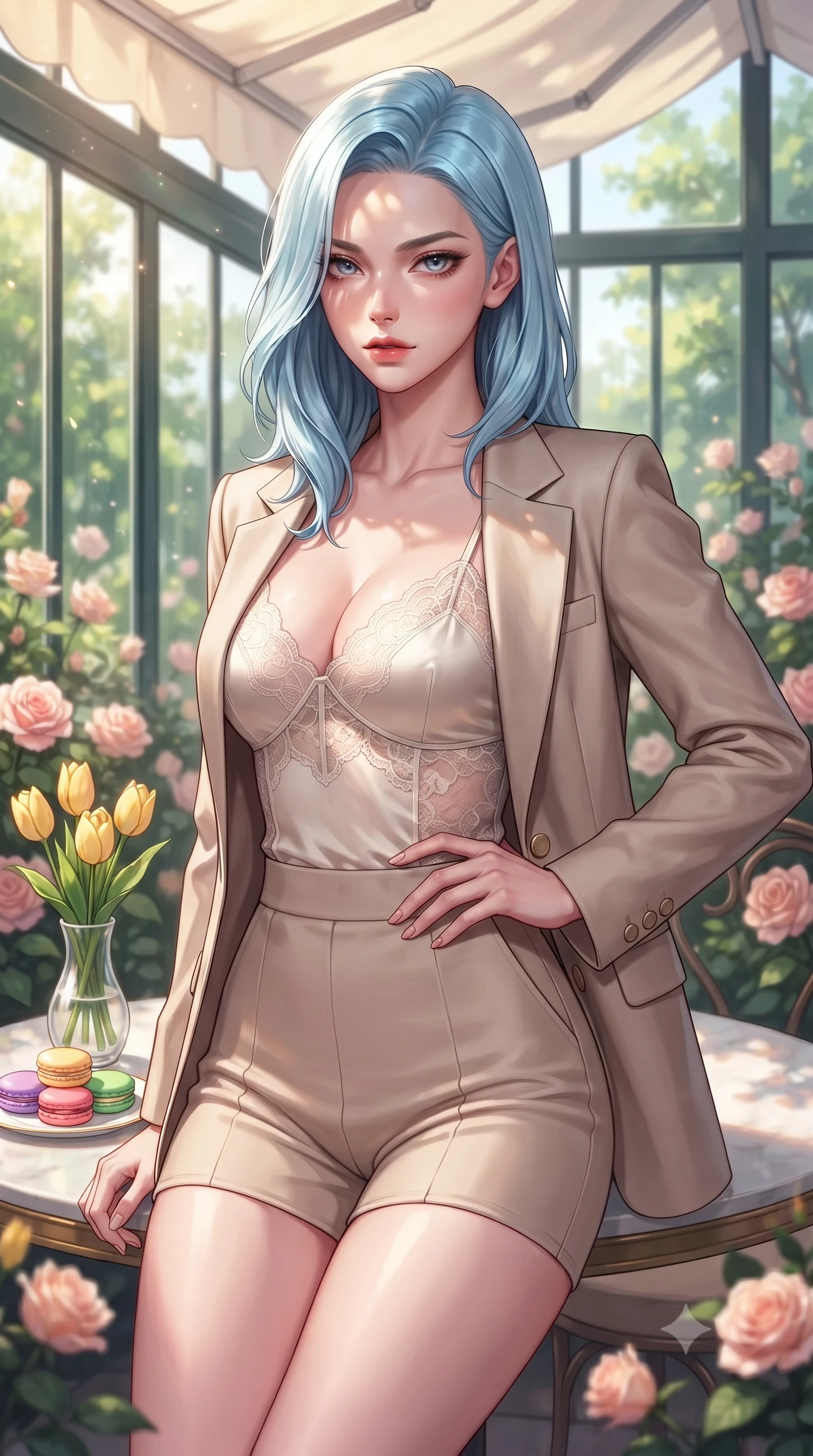 score_9, masterpiece, best quality, ultra-detailed, high-budget anime keyframe, editorial fashion photography, tasteful artistic composition, Korean woman. close-up cowboy shot from the waist and thighs up, the character dominates the composition, filling the frame with her large presence, background elements kept in soft focus. resting one hand on her waist, casting a smoldering, enticing side-gaze at the viewer set against a soft-focus background of in a quiet corner table of a glass-walled garden cafe surrounded by roses with a small vase of yellow tulips and a plate of colorful macarons on the table. She has an exceptionally elegant, slender, and willowy female figure with an ultra-slim waist, a gracefully sculpted slender torso, and a refined silhouette. sharp v-shaped jawline, high-bridge nose, intricate jewel-like eyes with depth, thick eyelashes, glossy lips with a natural sheen. wearing tailored delicate silk camisole with lace panels and a tailored blazer worn open over form-contouring shorts. dappled sunlight filtering through the outdoor awning onto her face. highly saturated vibrant anime colors, detailed shading with soft gradients, rich glossy textures, high-contrast stereoscopic depth, volumetric dynamic lighting, master piece, 9:16 ratio