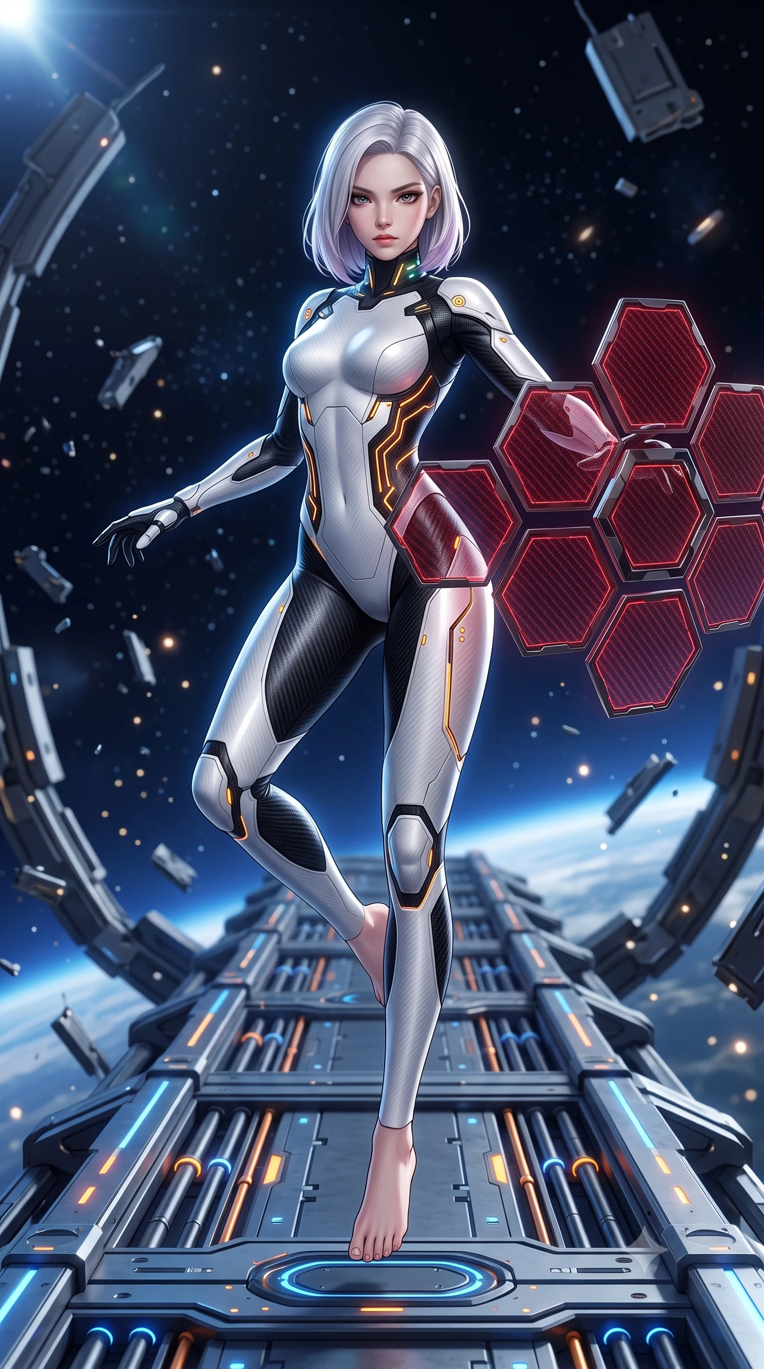 score_9, masterpiece, best quality, ultra-detailed, high-budget anime keyframe, semi-realistic 3D game render, editorial fashion photography, tasteful artistic composition, Caucasian woman. low angle full-body shot from head to toe showing her feet, filling the entire 9:16 vertical frame with her statuesque presence, stretching her vertical silhouette. performing an alluring mid-air combat landing with flawless poise, looking directly into the camera with regal, deadly intensity while pivoting dynamically on a magnetic catwalk as floating zero-gravity metal debris and starlight frame her statuesque silhouette. The composition keeps background elements in soft focus with creamy bokeh. distant starlight and railgun charging LED coils scattering soft glowing light motes across a deep space backdrop. She has an absolutely perfect, statuesque 8.5-heads proportion, an exceptionally tall and slender model-like female figure with impossibly long slender legs, a toned flat midriff, and an ultra-slim waist. sharp v-shaped jawline, high-bridge nose, intricate jewel-like eyes with depth, thick eyelashes, glossy lips with a natural sheen, flawlessly proportioned anatomical accuracy, strict slender model proportions, natural body alignment, perfectly sculpted long slender limbs, ultra-slim waistline, clean dynamic posture without body distortion. wearing a high-contrast monochrome white-and-black carbon-composite exoskeleton suit with glowing amber circuitry, deploying floating hexagonal holographic energy shields with sovereign grace in deep crimson carbon weave with specular dark chrome accents, crafted from ultra-strong woven carbon-fiber composite with a satin luster, featuring a sleek aerodynamic collar framed by subtle glowing cybernetic status LEDs, the sleek second-skin cut tightly hugging her graceful clavicle, narrow waist, and feminine curves with athletic precision. bathed in dazzling natural orbital sunlight and rich blue planetary ambient bounce light. rich saturated anime colors with glowing neon highlights, detailed shading with soft gradients, rich glossy textures, high-contrast stereoscopic depth, volumetric dynamic lighting, master piece, 9:16 ratio