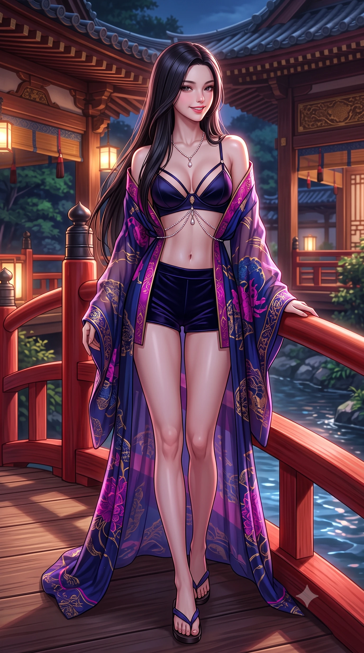 score_9, masterpiece, best quality, ultra-detailed, high-budget anime keyframe, semi-realistic 3D game render, editorial fashion photography, tasteful artistic composition, Korean woman. low angle full-body shot from head to toe showing her feet, filling the entire 9:16 vertical frame with her statuesque presence, stretching her vertical silhouette. walking along the terrace with poise, looking back over her bare shoulder with an irresistible smoldering bedroom-gaze while leaning against the smooth unlacquered cedar balustrade of the red arched bridge with hips cocked back, casting an intoxicating smoldering bedroom-gaze. The surrounding environment is rendered in vivid detail and crisp panoramic clarity: detailed ethereal translucent silk chiffon yukata robe slipping off bare shoulders, strappy underwire bralette cling, and traditional craft in razor-sharp precision. She has an exceptionally tall and slender model-like 8.5-heads proportion, an ultra-slim waist, a flat toned midriff, narrow delicate ribcage, and beautifully sculpted feminine hips creating a graceful, slim hourglass silhouette without any bulky heaviness, with impossibly long slender legs. sharp v-shaped jawline, high-bridge nose, intricate jewel-like sparkling eyes with depth, thick eyelashes, glossy parted lips with a natural peach sheen, bright cheerful beaming smile with an enchanting and coquettish sensual glint, exuding both youthful cute charm and seductive allure, flawlessly proportioned anatomical accuracy, strict slender model proportions, natural body alignment, perfectly sculpted long slender limbs, ultra-slim waistline, clean dynamic posture without body distortion. wearing an ethereal translucent silk chiffon yukata robe slipping off bare shoulders over a strappy underwire bralette and micro-shorts in Huangpu midnight sapphire and neon magenta, tailored from ultra-plush silk velvet with rich tactile depth and deep shadow gradients, accented with a pearl-drop body harness subtly framing her dewy collarbones and spine, the form-contouring silhouette accentuating her sculpted flat midriff, narrow delicate ribcage, and gracefully curvy hips with intoxicating allure. illuminated by thermal river caustics bounce and sharp pearlescent-rose rim lights sculpting her jawline, flat midriff, and curvaceous hips. highly saturated vibrant anime colors, detailed shading with soft gradients, rich glossy textures, high-contrast stereoscopic depth, volumetric dynamic lighting, master piece, 9:16 ratio
