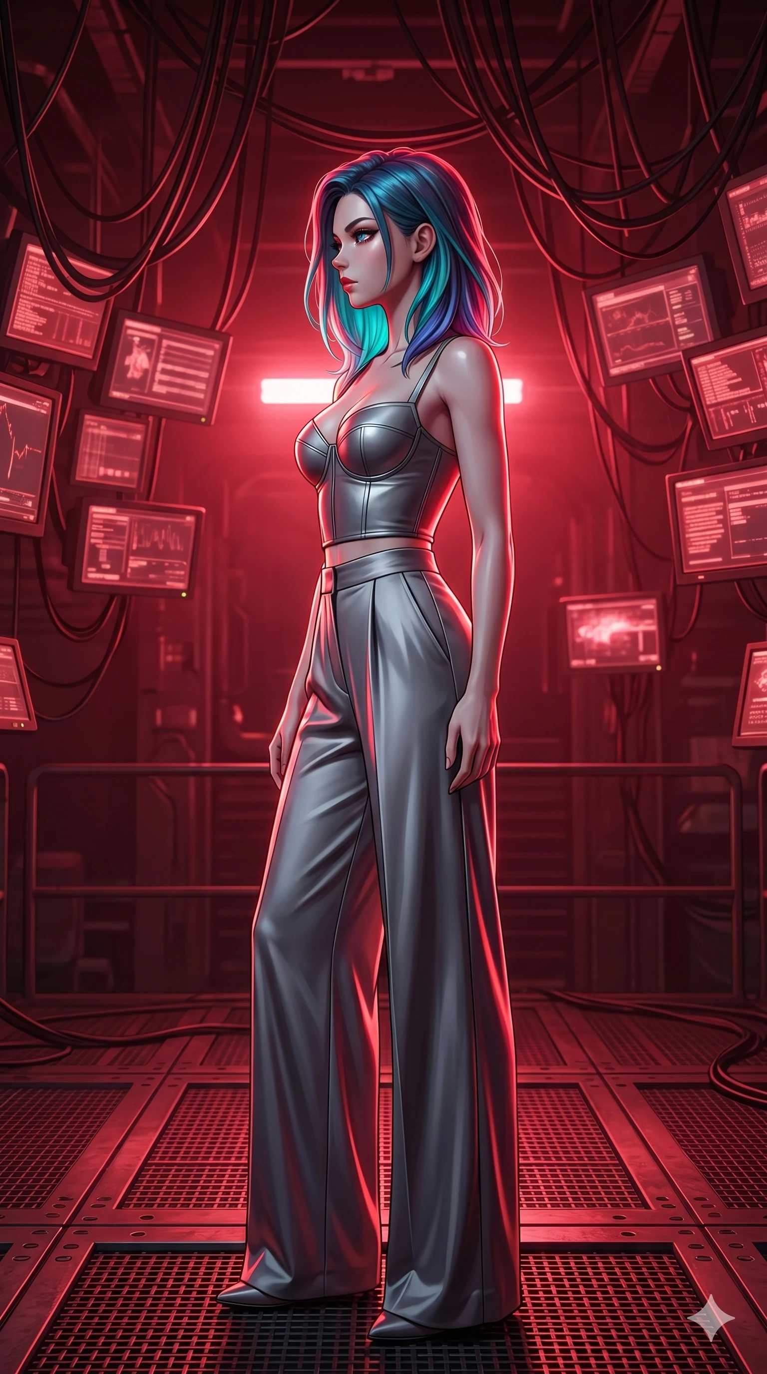score_9, masterpiece, best quality, ultra-detailed, high-budget anime keyframe, editorial fashion photography, tasteful artistic composition, Caucasian woman, strictly human ears. cowboy shot from the thighs up, character and outfit filling the frame for maximum editorial presence. Turning her face in a sharp, dramatic profile against the light, highlighting her v-shaped jawline on a metal deck under a canopy of hanging cables and glowing status monitors. She has an absolutely perfect 8-heads proportion, an exceptionally tall and slender female figure with impossibly long slender legs and an ultra-slim waist. V-shaped jawline, high-bridge nose, intricate jewel-like eyes with depth, thick eyelashes, glossy lips with a natural sheen. wearing a structured titanium-gray bustier top paired with flowing wide-leg silk palazzo trousers. drenched in deep crimson theatrical lighting with sharp specular highlights on every curve. 2k, ultra detail, master piece, 9:16 ratio