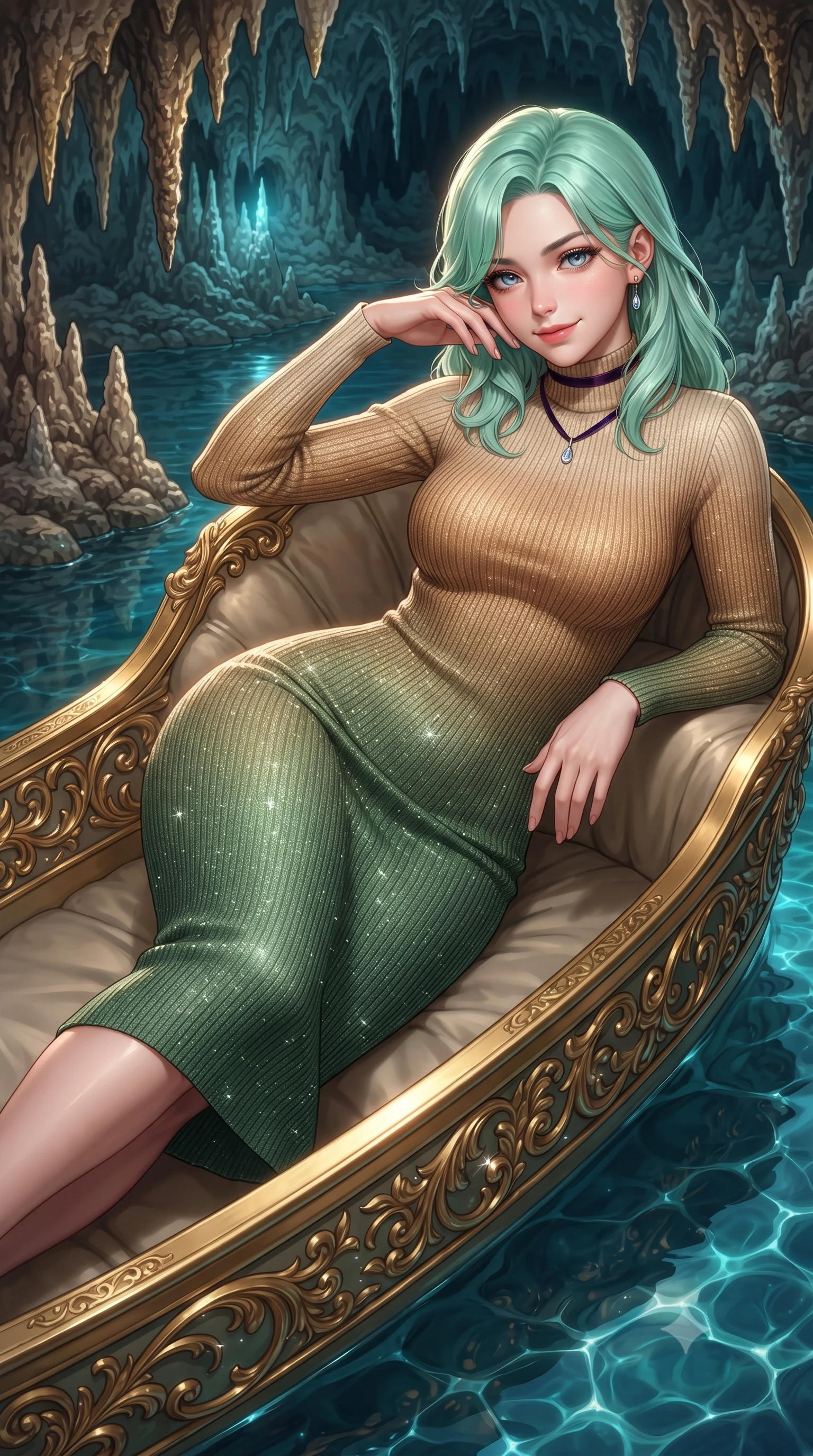 score_9, masterpiece, best quality, ultra-detailed, high-budget anime keyframe, editorial fashion photography, tasteful artistic composition, Japanese woman. close-up cowboy shot from the waist and thighs up, the character dominates the composition, filling the frame with her large presence. tilting her head with a teasing half-smile, running one hand slowly down the side of her hip in a flirtatious S-curve as ambient light caresses her silhouette while lounging gracefully in the gilded shell barque propped on one elbow with legs extended, her statuesque 8.5-heads silhouette commanding the subterranean fantasy. The surrounding environment is rendered in vivid detail and crisp panoramic clarity: sharp limestone dripstone textures, intricate gold-leaf scrollwork on the royal shell boat, and crystal-clear cave water caustics in deep focus. She has an exceptionally elegant, slender, and willowy female figure with an ultra-slim waist, flat toned midriff, narrow ribcage, and sculpted feminine hips creating an alluring, slim hourglass silhouette without bulk. sharp v-shaped jawline, high-bridge nose, intricate jewel-like sparkling eyes with depth, thick eyelashes, glossy parted lips with a natural peach sheen, bright cheerful beaming smile with an enchanting and coquettish sensual glint, exuding both youthful cute charm and seductive allure, flawlessly proportioned anatomical accuracy, strict slender model proportions, natural body alignment, perfectly sculpted long slender limbs, ultra-slim waistline, clean dynamic posture without body distortion. wearing an ultra-sleek Icelandic thermal ribbed knit turtleneck midi dress hugging every contour of her hourglass frame in Japanese hinoki cedar honey and Kyoto matcha jade, woven from stretch metallic lurex jersey casting radiant starlight glints across her curves, finished with a thin velvet ribbon choker and a single teardrop diamond pendant, the bespoke structured tailoring following the natural line of her 8.5-heads silhouette with refined elegance. illuminated by underground lake reflection bounce and sharp gold-cyan dual rim lights defining her dewy collarbones, ultra-slim waist, and curvy hips. ultra-reflective glossy finish, specular highlights, rich textural contrasts, high-contrast stereoscopic depth, volumetric dynamic lighting, 2k, ultra detail, master piece, 9:16 ratio