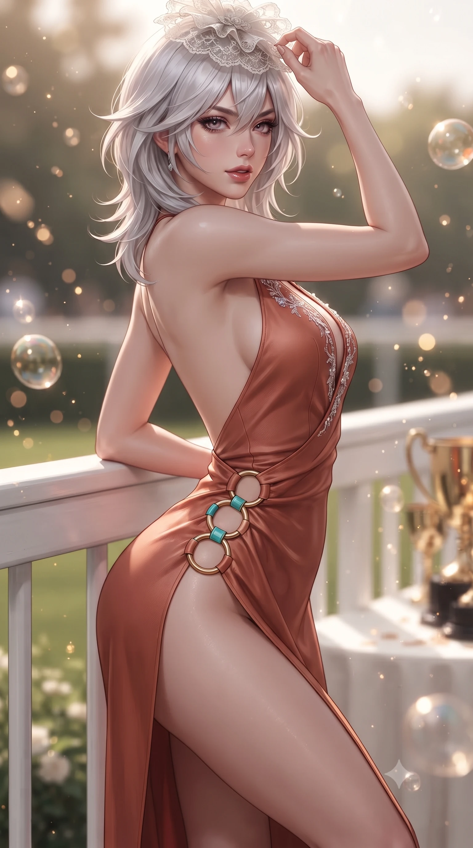 score_9, masterpiece, best quality, ultra-detailed, high-budget anime keyframe, editorial fashion photography, tasteful artistic composition, Japanese woman. close-up cowboy shot from the waist and thighs up, the character dominates the composition, filling the frame with her large presence. twisting her slender torso in a deep contrapposto stance, hips dramatically shifted to accentuate her feminine curves while looking past her shoulder with smoldering bedroom-eyes while leaning against the white-painted turf paddock railing with hips cocked back in a chic high-society stance, lowering her lace fascinator with an alluring smirk. The composition keeps background elements in soft focus with creamy bokeh. champagne bubbles and brass trophy reflections scattering warm sparkling light motes across the terrace. She has an exceptionally elegant, slender, and willowy female figure with an ultra-slim waist, flat toned midriff, narrow ribcage, and sculpted feminine hips creating an alluring, slim hourglass silhouette without bulk. sharp v-shaped jawline, high-bridge nose, intricate jewel-like eyes with depth, thick eyelashes, glossy parted lips with a natural sheen, intensely captivating and seductive bedroom-eyes expression, flawlessly proportioned anatomical accuracy, strict slender model proportions, natural body alignment, perfectly sculpted long slender limbs, ultra-slim waistline, clean dynamic posture without body distortion. wearing a backless terracotta silk wrap dress featuring high-cut side hip slits and turquoise ring hardware in desert terracotta copper and sun-baked sand gold, formed from supple second-skin lambskin leather with specular sheen, finished with delicate crystal frost embroidery tracing the plunging neckline, the liquid-tight tailored fabric clinging flawlessly to her narrow waist and rounded feminine hips, emphasizing every millimeter of her sculpted slim hourglass curves without any bulky heaviness. illuminated by sharp specular highlights carving her sculpted collarbones, flat toned midriff, and rounded hips. ultra-reflective glossy finish, specular highlights, rich textural contrasts, high-contrast stereoscopic depth, volumetric dynamic lighting, 2k, ultra detail, master piece, 9:16 ratio