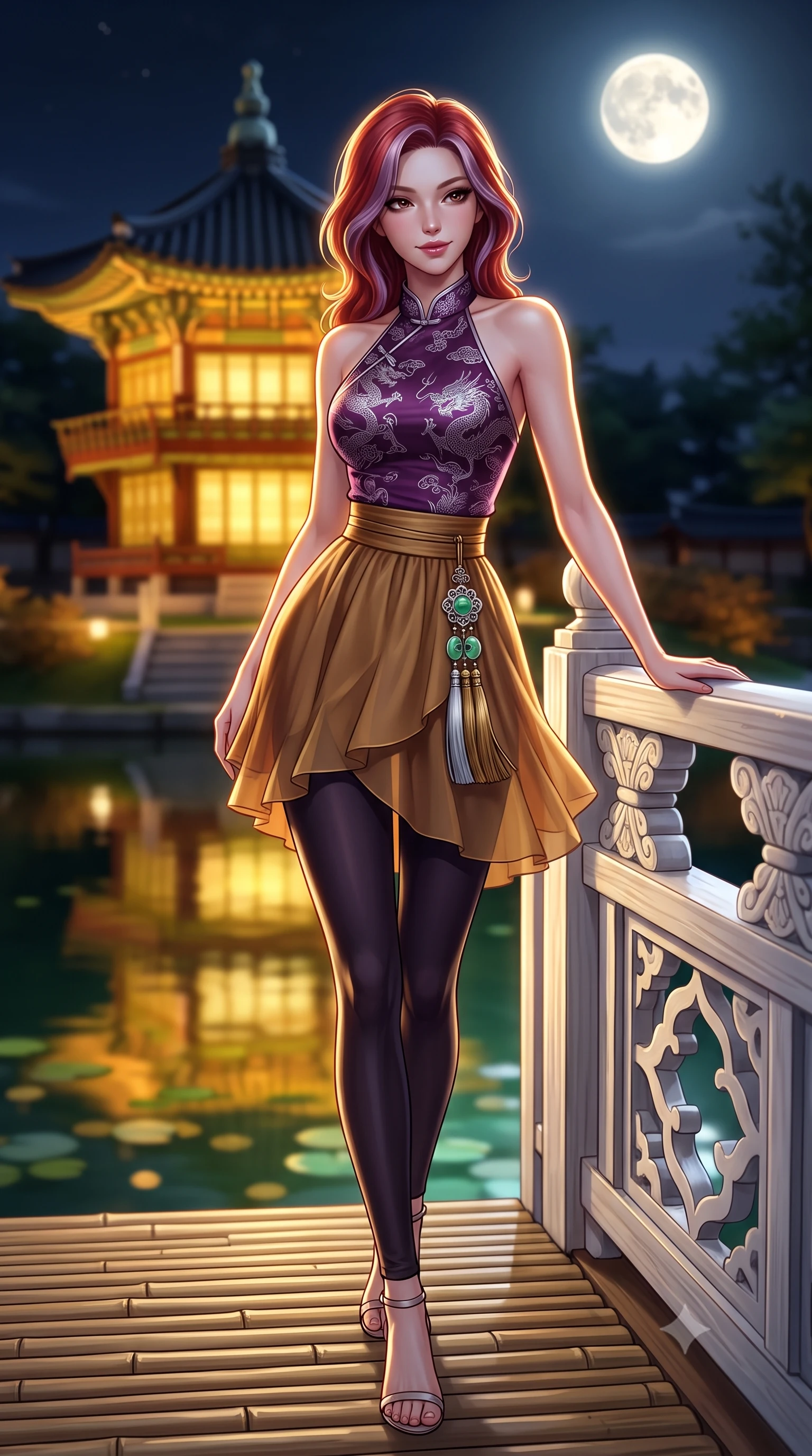 score_9, masterpiece, best quality, ultra-detailed, high-budget anime keyframe, semi-realistic 3D game render, editorial fashion photography, tasteful artistic composition, Caucasian woman. low angle full-body shot from head to toe showing her feet, filling the entire 9:16 vertical frame with her statuesque presence, stretching her vertical silhouette. walking slowly through the bamboo pathway, looking back over her shoulder with an air of effortless oriental grace and an alluring, smoldering smile while leaning against the carved white wooden bridge railing with hips cocked back, looking over her shoulder with an alluring, moonlit smile. The background shows a soft-focus the two-story hexagonal Hyangwonjeong pavilion illuminated in warm gold across still pond waters blurred into gold, jade, and dark obsidian bokeh. She has an absolutely perfect, statuesque 8.5-heads proportion, an exceptionally tall and slender model-like female figure with impossibly long slender legs, an ultra-slim waist, a flat toned midriff, narrow delicate ribcage, and beautifully sculpted feminine hips creating a graceful, slim hourglass silhouette without any bulky heaviness. sharp v-shaped jawline, high-bridge nose, intricate jewel-like dark sparkling almond eyes with depth, thick lashes, glossy parted lips with a natural rose-plum sheen, bright alluring and coquettish smile with bedroom-eyes, exuding both timeless oriental elegance and sovereign high-fashion allure, flawlessly proportioned anatomical accuracy, strict slender model proportions, natural body alignment, perfectly sculpted long slender limbs, ultra-slim waistline, clean dynamic posture without body distortion. wearing a modern halter-neck fusion hanbok bodice with delicate silver embroidery and a fluttering layered chiffon wrap mini skirt in rich plum violet and gilded bronze embroidery, made of rich jacquard silk with intricate embossed dragon and cloud motifs, finished with an ornate modern norigae tassel with polished jade and chrome charms resting on her curvy hips, the liquid-tight tailored silk fabric clinging flawlessly to her narrow waist and rounded feminine hips, emphasizing every millimeter of her sculpted slim hourglass curves without any bulky heaviness. illuminated by full moon celestial rays and sharp warm-gold rim lights defining her sculpted collarbones, ultra-slim waist, and curvy hips. highly saturated vibrant anime colors, detailed shading with soft gradients, rich glossy textures, high-contrast stereoscopic depth, volumetric dynamic lighting, master piece, 9:16 ratio