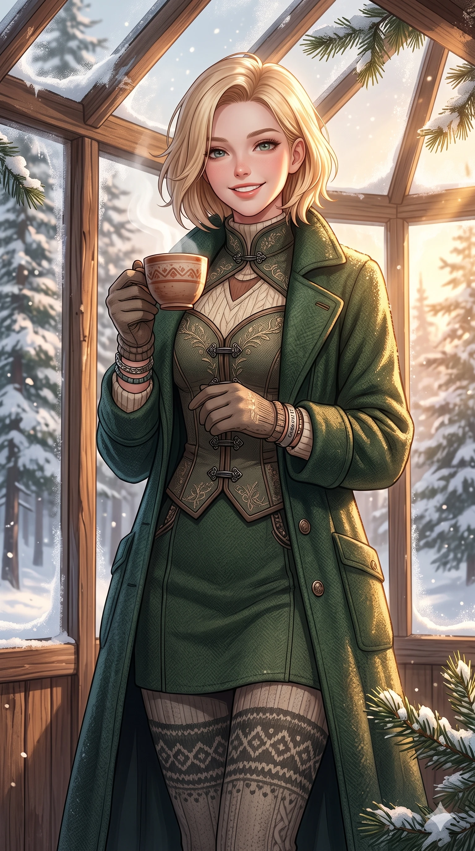 score_9, masterpiece, best quality, ultra-detailed, high-budget anime keyframe, vibrant anime aesthetic, Caucasian woman, strictly human ears. cowboy shot from the thighs up, character and outfit filling the frame for maximum presence. She is holding a cup of tea, smiling warmly with a gentle and cheerful winter gaze in the cabin inside a spacious conservatory with winter pines (Code-P21-171). She has an absolutely perfect 8-heads proportion, an exceptionally tall and slender female figure with impossibly long slender legs and an ultra-slim waist. V-shaped jawline, high-bridge nose, intricate jewel-like eyes with depth, thick eyelashes, glossy lips with a natural sheen. wearing a structured textured bodice with sweetheart neckline with a sweetheart neckline in winter. She is illuminated by warm, golden sun rays highlighting the textures of her cozy coat. 2k, ultra detail, master piece, 9:16 ratio