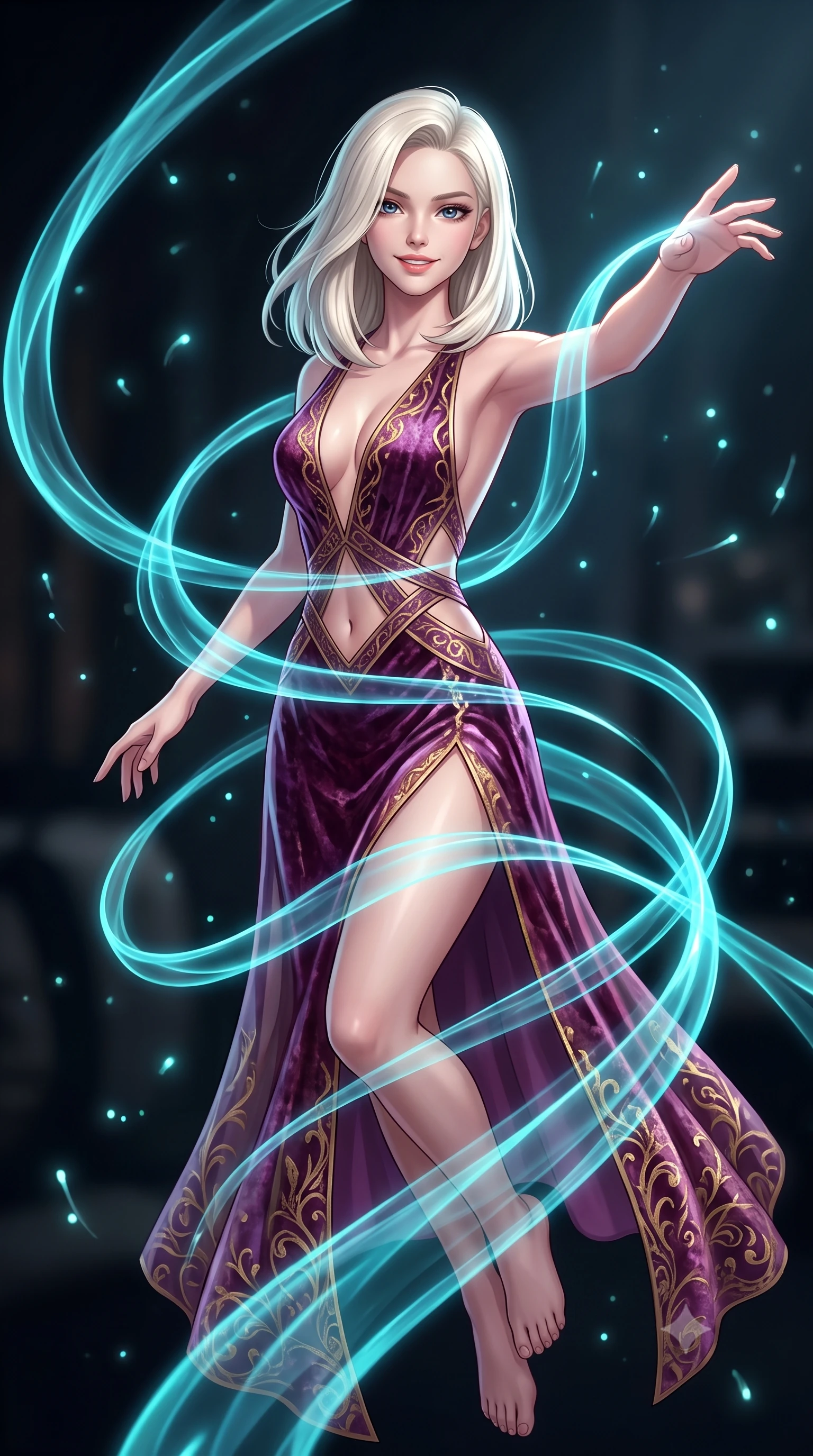 score_9, masterpiece, best quality, ultra-detailed, high-budget anime keyframe, editorial fashion photography, tasteful artistic composition, Caucasian woman. close-up cowboy shot from the waist and thighs up, the character dominates the composition, filling the frame with her large presence, background elements kept in soft focus. Extending one arm in an elegant stretch toward the light while smiling with magnetic self-assurance while floating dynamically in mid-air while weaving translucent cyan plasma ribbons around her body, glowing fiber optic motes drifting like fireflies in the dark background. She has an exceptionally elegant, slender, and willowy female figure with an ultra-slim waist, a gracefully sculpted slender torso, and a refined silhouette. sharp v-shaped jawline, high-bridge nose, intricate jewel-like eyes with depth, thick eyelashes, glossy lips with a natural sheen, flawlessly proportioned anatomical accuracy, natural body alignment, perfectly sculpted elegant limbs, clean dynamic posture without body distortion. wearing a backless crushed velvet gown with a deep V-neckline and high thigh slit in plum purple and gold filigree, woven from fine semi-opaque sheer organza, featuring subtle geometric cutouts that highlight her ultra-slim midriff, the glove-like fit emphasizing her statuesque silhouette during motion. bathed in sharp geometric laser grid highlights and soft ambient fill. highly saturated vibrant anime colors, detailed shading with soft gradients, rich glossy textures, high-contrast stereoscopic depth, volumetric dynamic lighting, master piece, 9:16 ratio