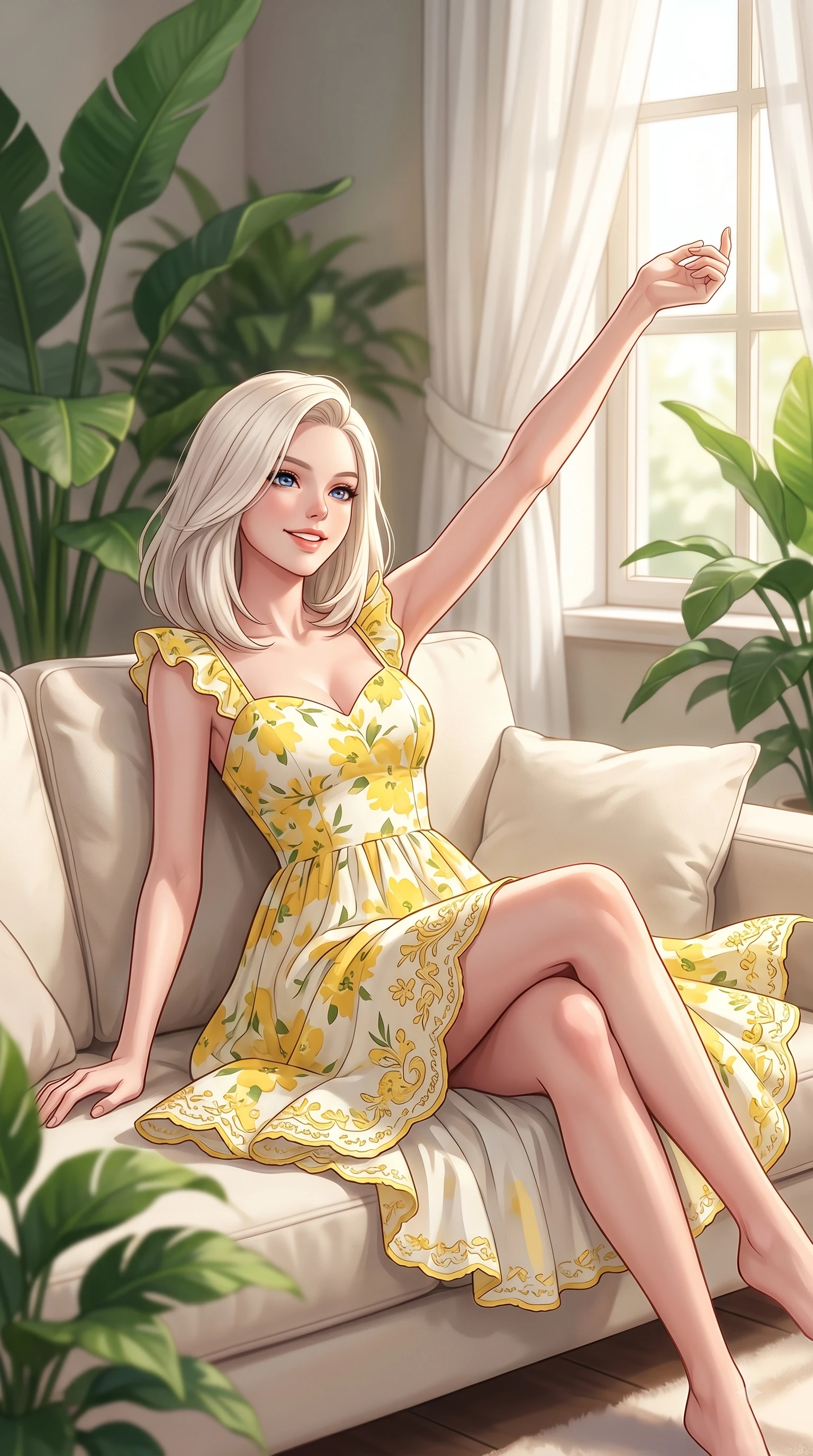 score_9, masterpiece, best quality, ultra-detailed, high-budget anime keyframe, editorial fashion photography, tasteful artistic composition, Caucasian woman. close-up cowboy shot from the waist and thighs up, the character dominates the composition, filling the frame with her large presence. Extending one arm in an elegant stretch toward the light while smiling with vibrant, youthful self-assurance while lounging comfortably on a soft cream sofa in a sunlit living room filled with indoor green plants. The composition keeps background elements in soft focus with dreamy bokeh. soft sheer white curtains and sunlit window frames softened by warm interior depth of field. She has an exceptionally elegant, slender, and willowy female figure with an ultra-slim waist, a gracefully sculpted slender torso, and a refined silhouette. sharp v-shaped jawline, high-bridge nose, intricate jewel-like eyes with depth, thick eyelashes, glossy lips with a natural sheen, flawlessly proportioned anatomical accuracy, natural body alignment, perfectly sculpted elegant limbs, clean dynamic posture without body distortion. wearing a bright floral print ruffle sundress with a gentle sweetheart neckline in bright butter yellow and fresh cream white, made of fine lightweight chiffon that flutters gently in the breeze, complemented by delicate embroidered floral trim along the hem, the soft airy drape swaying gracefully with her dynamic movements. bathed in soft, warm morning sunlight streaming through sheer curtains. highly saturated vibrant anime colors, detailed shading with soft gradients, rich glossy textures, high-contrast stereoscopic depth, volumetric dynamic lighting, master piece, 9:16 ratio