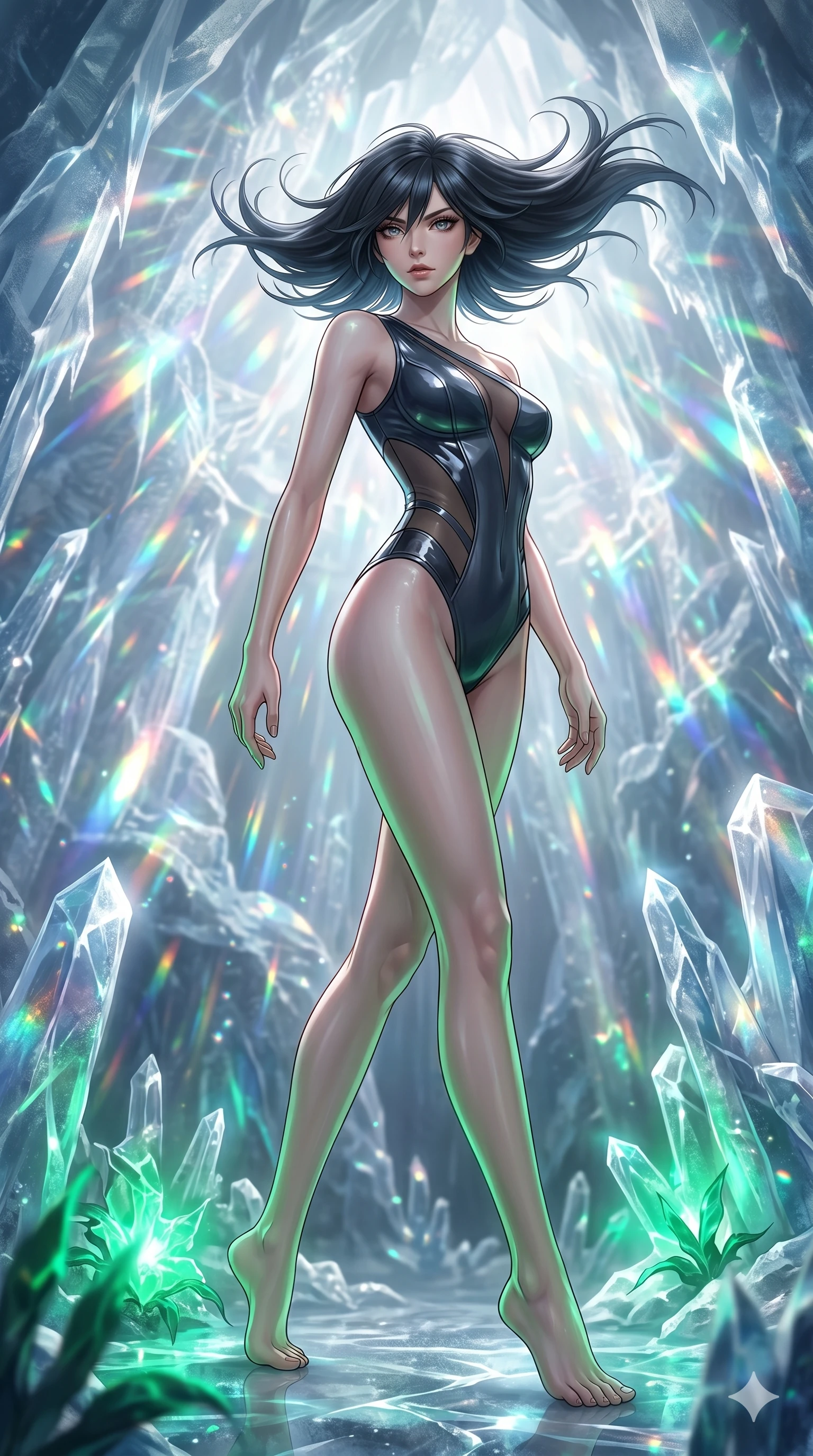 score_9, masterpiece, best quality, ultra-detailed, high-budget anime keyframe, editorial fashion photography, tasteful artistic composition, Caucasian woman, strictly human ears. low angle full-body shot from head to toe showing her feet, filling the entire 9:16 vertical frame with her statuesque presence, stretching her vertical silhouette. Pivoting sharply mid-step with her hair sweeping in a dramatic arc behind her, caught in fluid motion inside a cave of ice crystals where sunlight is refracted into thousands of beams, with a quiet silence hanging over the sacred ground. She has an absolutely perfect 8-heads proportion, an exceptionally tall and slender female figure with impossibly long slender legs and an ultra-slim waist. V-shaped jawline, high-bridge nose, intricate jewel-like eyes with depth, thick eyelashes, glossy lips with a natural sheen. wearing an asymmetric structured bodysuit in deep charcoal with a glossy vinyl overlay and sheer mesh inserts. bathed in a luminous emerald glow from nearby plants, highlighting her skin with natural light. 2k, ultra detail, master piece, 9:16 ratio