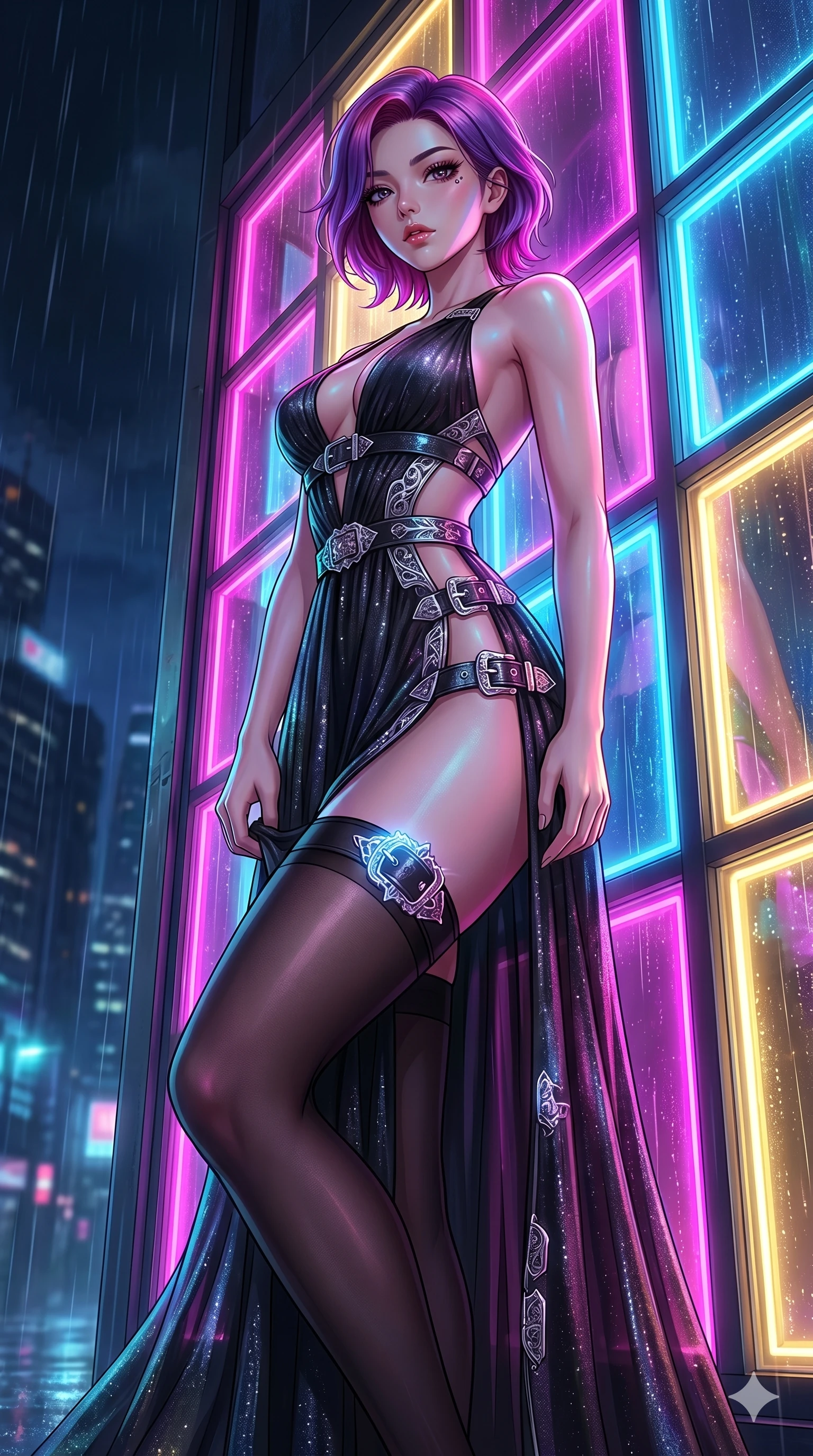 score_9, masterpiece, best quality, ultra-detailed, High-budget Anime Keyframe, East Asian woman. Low angle cowboy shot filling the entire 9:16 frame with her statuesque presence. Scenario 127: Adjusting her thigh-high stocking by a glowing neon window. Her presence is magnetic and overpowering in this high-budget anime scene. Outfit 127: A shimmering chiffon long with a thigh-high slit and metallic buckles. The clothing is designed to emphasize her exceptionally tall and slender 8-heads proportion. 8-heads proportion, towering silhouette, ultra-slim waist. sharp v-shaped jawline, intricate jewel-like eyes with depth, thick eyelashes, glossy lips. 2k, ultra detail, master piece, 9:16 ratio