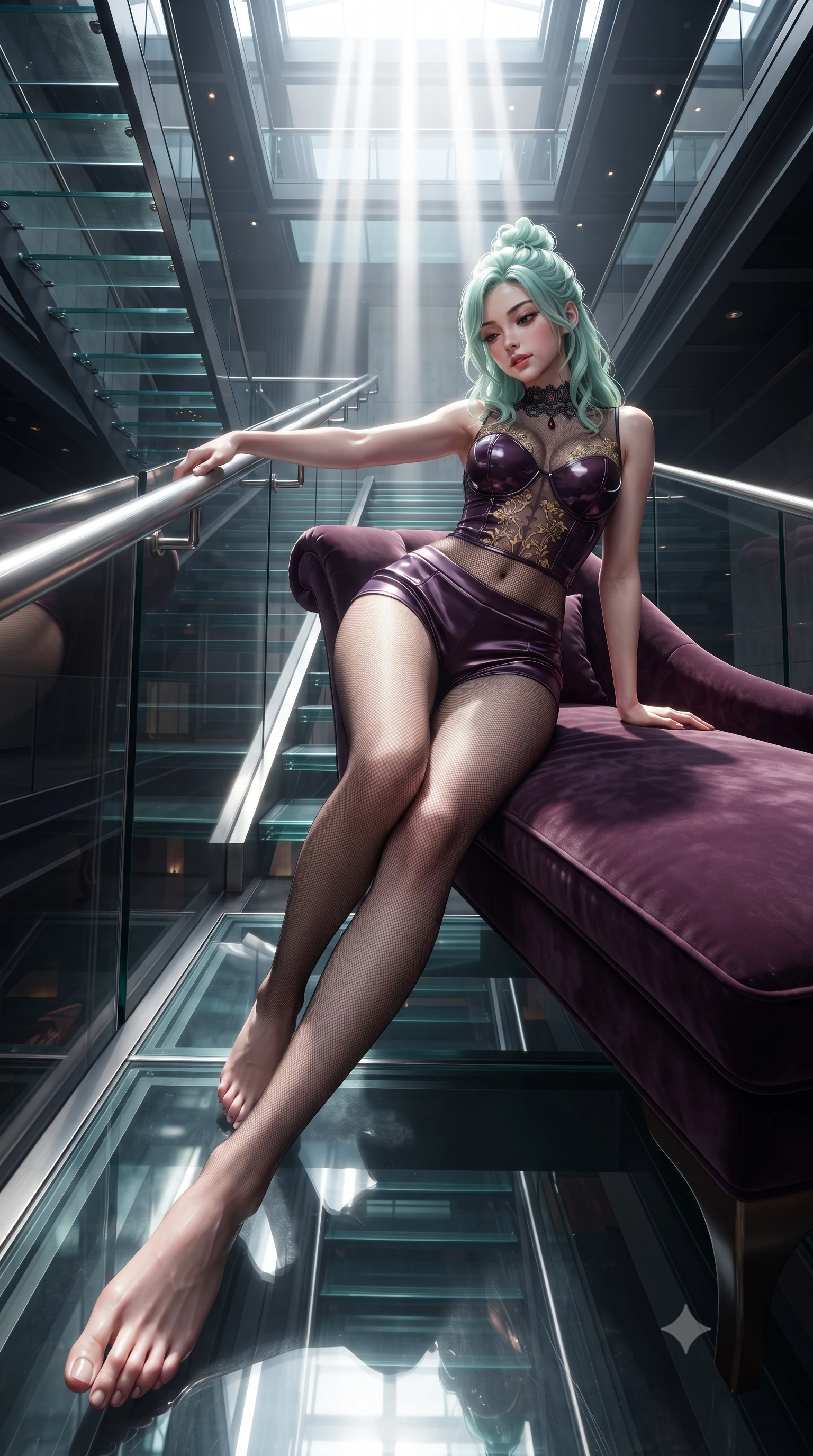 score_9, masterpiece, best quality, ultra-detailed, high-budget anime keyframe, editorial fashion photography, tasteful artistic composition, Japanese woman. low angle full-body shot from head to toe showing her feet, filling the entire 9:16 vertical frame with her statuesque presence, stretching her vertical silhouette. reclining gracefully across the plush chaise lounge with one leg extended, her sculpted silhouette and flat midriff radiating magnetic nocturnal glamour while leaning against the stainless-steel staircase handrail with hips cocked back, looking down through the glass floor with smoldering eyes. The surrounding environment is rendered in vivid detail and crisp panoramic clarity: detailed wet-look vinyl bustier shine, subtle mesh tights weave, and precision contemporary engineering in razor-sharp precision. She has an absolutely perfect, statuesque 8.5-heads proportion, an exceptionally tall and slender model-like female figure with impossibly long slender legs, an ultra-slim waist, a flat toned midriff, narrow delicate ribcage, and beautifully sculpted feminine hips creating a graceful, slim hourglass silhouette without any bulky heaviness. sharp v-shaped jawline, high-bridge nose, sparkling eyes with hypnotic seductive depth, thick curled eyelashes, glossy parted lips with a natural dewy peach sheen, alluring bedroom-eyes with an enchanting coquettish smile, exuding magnetic siren charisma and sophisticated glamour, flawlessly proportioned anatomical accuracy, strict slender model proportions, natural body alignment, perfectly sculpted long slender limbs, ultra-slim waistline, clean dynamic posture without body distortion. wearing a modern two-piece vampire siren set featuring an open-front velvet bolero and curve-hugging satin hot-pants in dark plum violet and gilded bronze with sheer obsidian overlays, crafted from smooth liquid-tight stretch jersey emphasizing every curve of her body, accented with an ornate black lace Victorian choker featuring a single blood-red teardrop garnet, the form-contouring silhouette accentuating her sculpted flat midriff, narrow delicate ribcage, and gracefully curvy hips with intoxicating allure. bathed in vertical shafts of pure white sunlight pouring down through four-story architectural light wells. ultra-reflective glossy finish, specular highlights, rich textural contrasts, high-contrast stereoscopic depth, volumetric dynamic lighting, 2k, ultra detail, master piece, 9:16 ratio