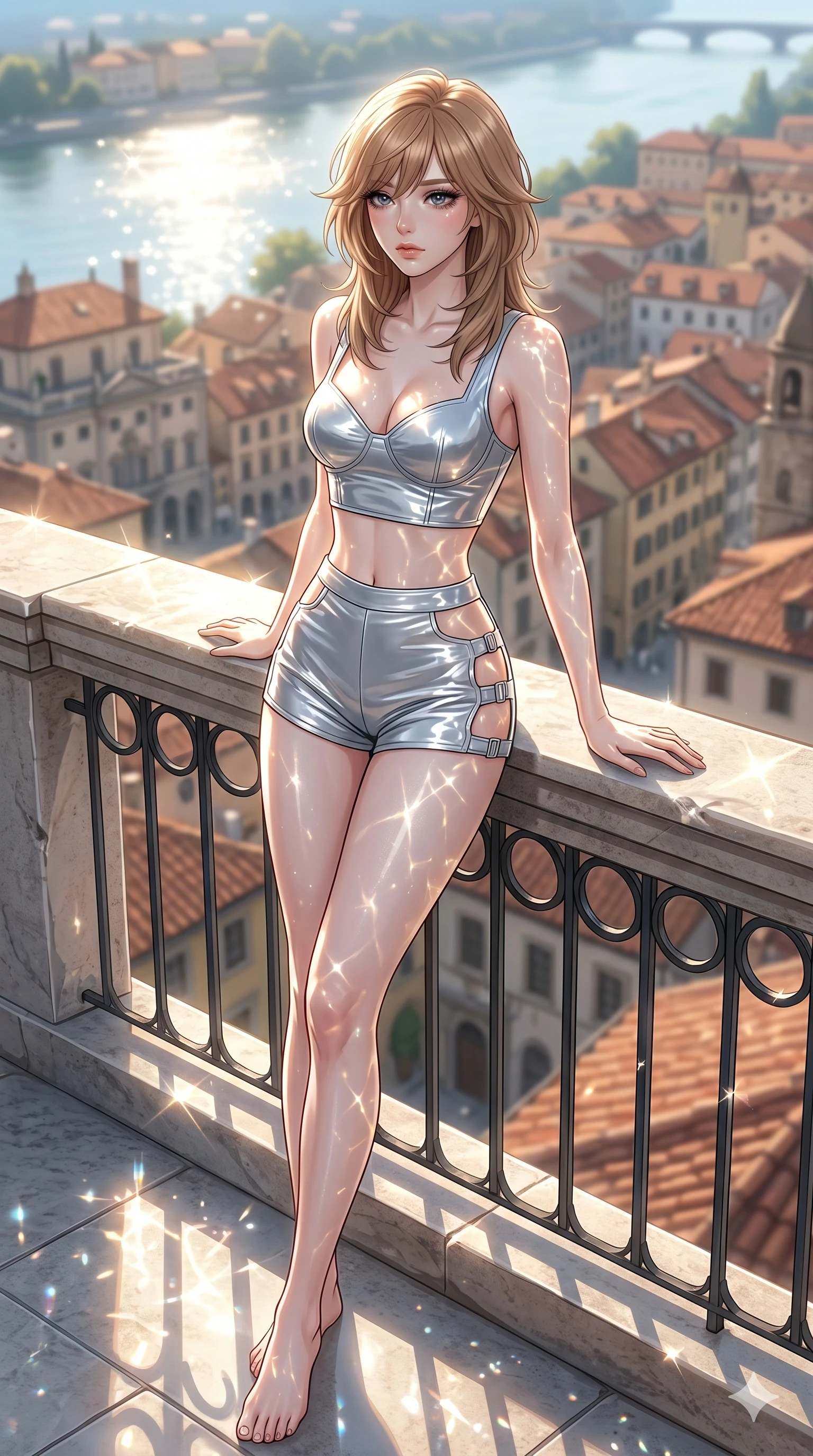 score_9, masterpiece, best quality, ultra-detailed, high-budget anime keyframe, editorial fashion photography, tasteful artistic composition, Korean woman. cowboy shot from the thighs up, character and outfit filling the frame for maximum editorial presence. gazing past the camera with wistful, melancholic eyes, her posture relaxed and full of quiet elegance leaning against the railing of a sunlit private rooftop terrace overlooking a historic European town (Code-P075). She has an absolutely perfect 8-heads proportion, an exceptionally tall and slender female figure with impossibly long slender legs and an ultra-slim waist. V-shaped jawline, high-bridge nose, intricate jewel-like eyes with depth, thick eyelashes, glossy lips with a natural sheen. wearing a wet-look silver vinyl crop top and high-waisted shorts with side cutouts and straps. bathed in brilliant morning sunshine reflecting off the water, casting glittering light patterns across her skin. 2k, ultra detail, master piece, 9:16 ratio