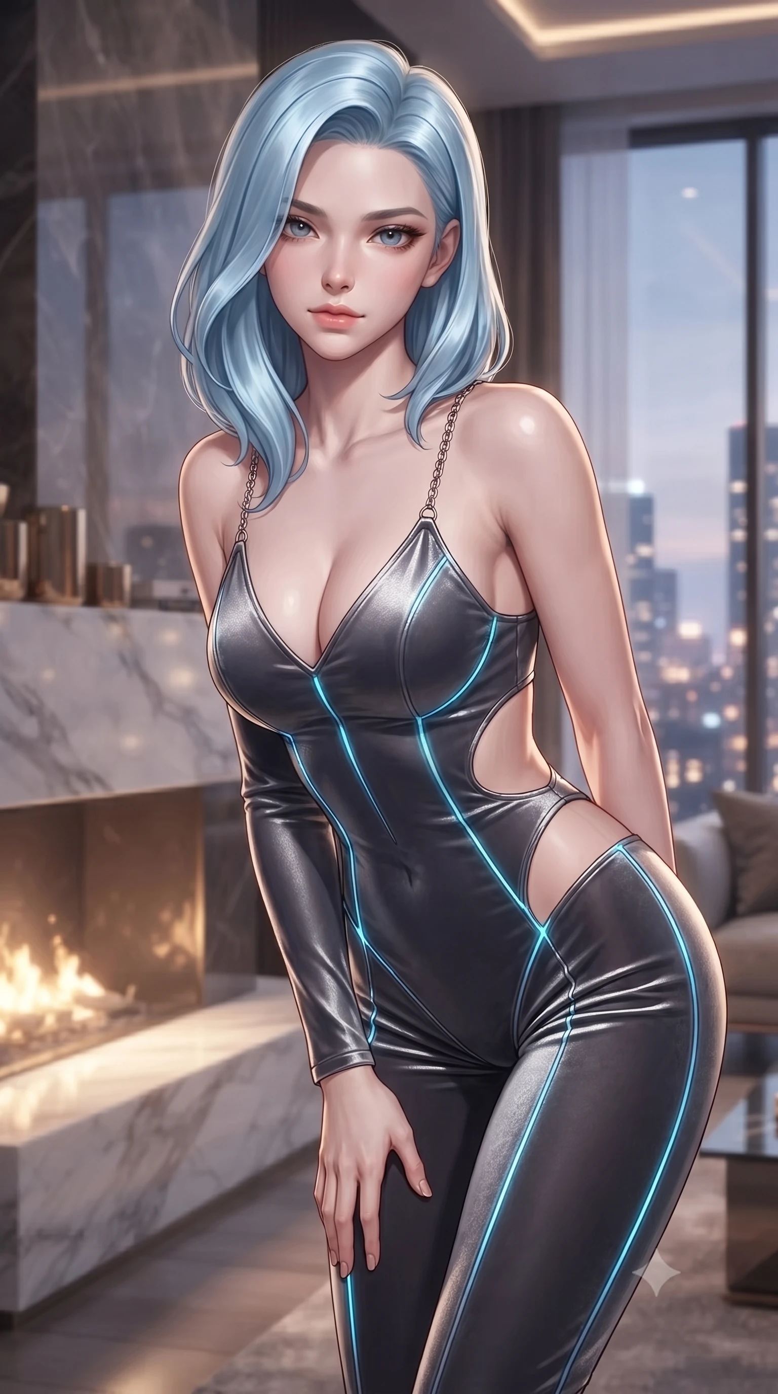 score_9, masterpiece, best quality, ultra-detailed, high-budget anime keyframe, editorial fashion photography, tasteful artistic composition, Korean woman. close-up cowboy shot from the waist and thighs up, the character dominates the composition, filling the frame with her large presence, background elements kept in soft focus. Leaning slightly forward with a composed, seductive gaze under soft glowing light resting near a sleek marble fireplace emitting soft golden hearth embers, glistening city skyline lights twinkling softly through the massive window. She has an exceptionally elegant, slender, and willowy female figure with an ultra-slim waist, a gracefully sculpted slender torso, and a refined silhouette. sharp v-shaped jawline, high-bridge nose, intricate jewel-like eyes with depth, thick eyelashes, glossy lips with a natural sheen. wearing a skin-tight cybernetic bodysuit with glowing neon seams and side cutouts in charcoal grey and platinum, made of premium stretch velvet with a rich sheen, adorned with delicate metallic chain straps along the neckline, the sleek second-skin texture accentuating her magnetic presence. bathed in warm luxury ambient lighting and soft silver moonlight accents. ultra-reflective glossy finish, specular highlights, metallic sheen, high-contrast stereoscopic depth, volumetric dynamic lighting, 2k, ultra detail, master piece, 9:16 ratio