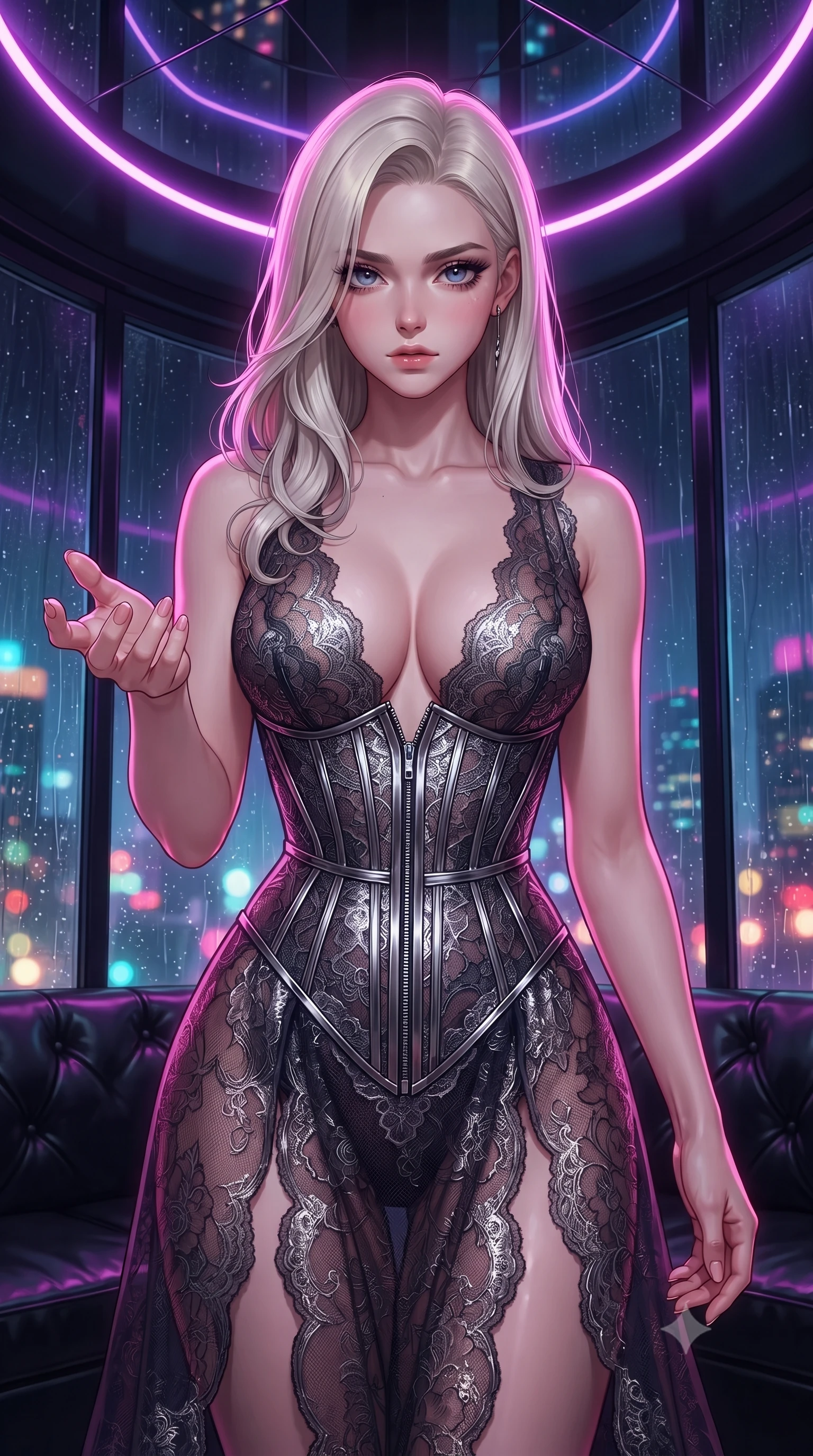 score_9, masterpiece, best quality, ultra-detailed, high-budget anime keyframe, editorial fashion photography, tasteful artistic composition, Caucasian woman. close-up cowboy shot from the waist and thighs up, the character dominates the composition, filling the frame with her large presence, background elements kept in soft focus. Reaching one hand toward the viewer with relaxed sensual elegance, standing under a mirror ceiling reflecting glowing violet and magenta neon arcs, rain streaks on glass windows distorting distant city skyline lights into bokeh. She has an exceptionally elegant, slender, and willowy female figure with an ultra-slim waist, a gracefully sculpted slender torso, and a refined silhouette. sharp v-shaped jawline, high-bridge nose, intricate jewel-like eyes with depth, thick eyelashes, glossy lips with a natural sheen. wearing gothic nebula sheer dark lace gown with plunging neckline in metallic dark silver, made of fine dark contouring mesh, finished with metallic silver boning and sleek zipper points, highlighting her statuesque proportions and ultra-slim waistline. illuminated by vibrant magenta and cyan neon rim light against pitch-black leather. highly saturated vibrant anime colors, detailed shading with soft gradients, rich glossy textures, high-contrast stereoscopic depth, volumetric dynamic lighting, master piece, 9:16 ratio
