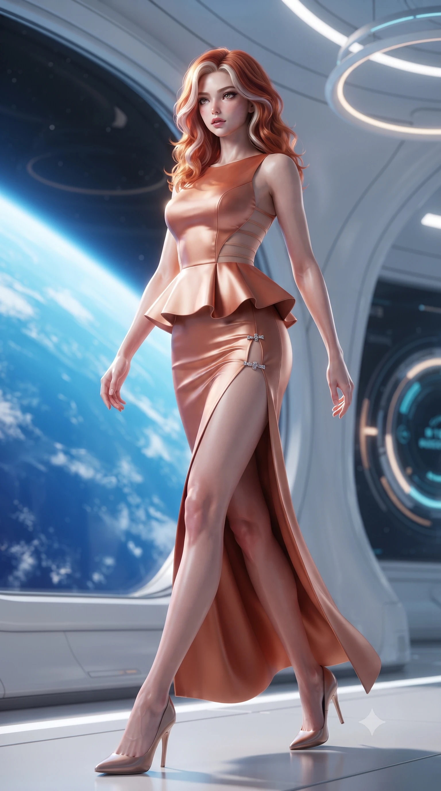 score_9, masterpiece, best quality, ultra-detailed, high-budget anime keyframe, editorial fashion photography, tasteful artistic composition, Caucasian woman. low angle full-body shot from head to toe showing her feet, filling the entire 9:16 vertical frame with her statuesque presence, stretching her vertical silhouette. striding forward in a proud supermodel runway stride, hips swaying in an alluring kinetic rhythm that accentuates her curvy hourglass silhouette while leaning forward against the massive curved panoramic viewport overlooking the brilliant blue curve of Earth, hips cocked back in an intoxicating zero-gravity posture. The composition keeps background elements in soft focus with creamy bokeh. sleek white space station bulkheads and glowing telemetry rings softened in futuristic shallow focus. She has an exceptionally tall and slender model-like 8.5-heads proportion, an ultra-slim waist, a flat toned midriff, narrow delicate ribcage, and beautifully sculpted feminine hips creating a graceful, slim hourglass silhouette without any bulky heaviness, with impossibly long slender legs. sharp v-shaped jawline, high-bridge nose, intricate jewel-like eyes with depth, thick eyelashes, glossy parted lips with a natural sheen, intensely captivating and seductive bedroom-eyes expression, flawlessly proportioned anatomical accuracy, strict slender model proportions, natural body alignment, perfectly sculpted long slender limbs, ultra-slim waistline, clean dynamic posture without body distortion. wearing a structural geometric peplum gown with sheer side-ribbon cutouts and form-fitting skirt in desert terracotta copper and sun-baked sand gold, tailored from ultra-smooth duchess satin with a pearlescent sheen, finished with an ultra-high side slit secured by miniature jeweled clasps, the precision-cut side openings and low-back scoop framing her graceful spine and the sensual sweep of her slim, toned hips. surrounded by a celestial, sovereign, and breathlessly magnificent orbital empress aura. ultra-reflective glossy finish, specular highlights, rich textural contrasts, high-contrast stereoscopic depth, volumetric dynamic lighting, 2k, ultra detail, master piece, 9:16 ratio