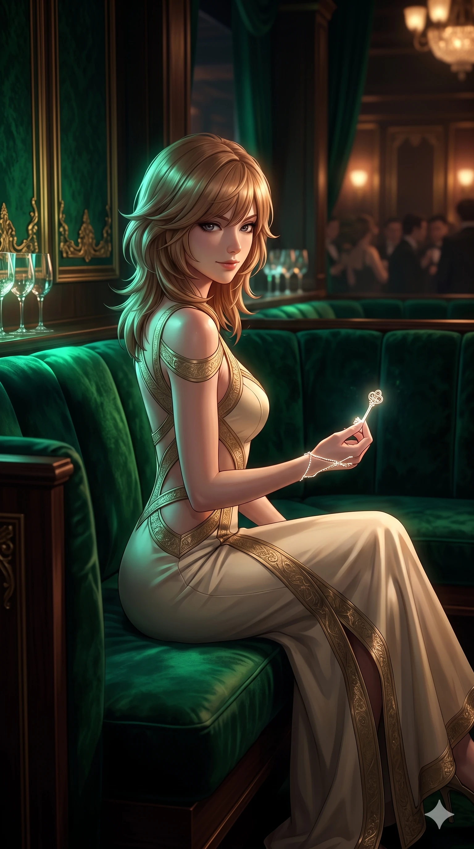 score_9, masterpiece, best quality, ultra-detailed, high-budget anime keyframe, semi-realistic 3D game render, editorial fashion photography, tasteful artistic composition, Korean woman. low angle full-body shot from head to toe showing her feet, filling the entire 9:16 vertical frame with her statuesque presence, stretching her vertical silhouette. walking along the waterfront terrace with poise, looking back over her bare shoulder with an irresistible smoldering bedroom-gaze while sitting poised in a plush emerald velvet booth with legs crossed, holding a glowing cryptographic key while flashing a subtle, dangerous smile. The background shows a soft-focus exclusive high-stakes club atmosphere softened in private VIP loge shallow focus. She has an exceptionally tall and slender model-like 8.5-heads proportion, an ultra-slim waist, a flat toned midriff, narrow delicate ribcage, and beautifully sculpted feminine hips creating a graceful, slim hourglass silhouette without any bulky heaviness, with impossibly long slender legs. sharp v-shaped jawline, high-bridge nose, intricate jewel-like sparkling eyes with depth, thick eyelashes, glossy parted lips with a natural sheen, intensely captivating and seductive bedroom-eyes expression, exuding both youthful cute charm and sovereign luxury allure, flawlessly proportioned anatomical accuracy, strict slender model proportions, natural body alignment, perfectly sculpted long slender limbs, ultra-slim waistline, clean dynamic posture without body distortion. wearing an alluring plunging sweetheart bodice dress with sheer mesh side-waist cutouts contouring her ribs in Istrian stone cream and antique gold-leaf, crafted from bespoke double-faced cashmere with an exceptionally soft tactile finish, finished with delicate crystal-encrusted thigh garter straps glinting in the dim light, the bespoke structured tailoring following the natural line of her 8.5-heads silhouette with refined elegance. bathed in low-key, high-contrast chiaroscuro lighting with narrow green and amber spotlights on the gaming table. highly saturated vibrant anime colors, detailed shading with soft gradients, rich glossy textures, high-contrast stereoscopic depth, volumetric dynamic lighting, master piece, 9:16 ratio