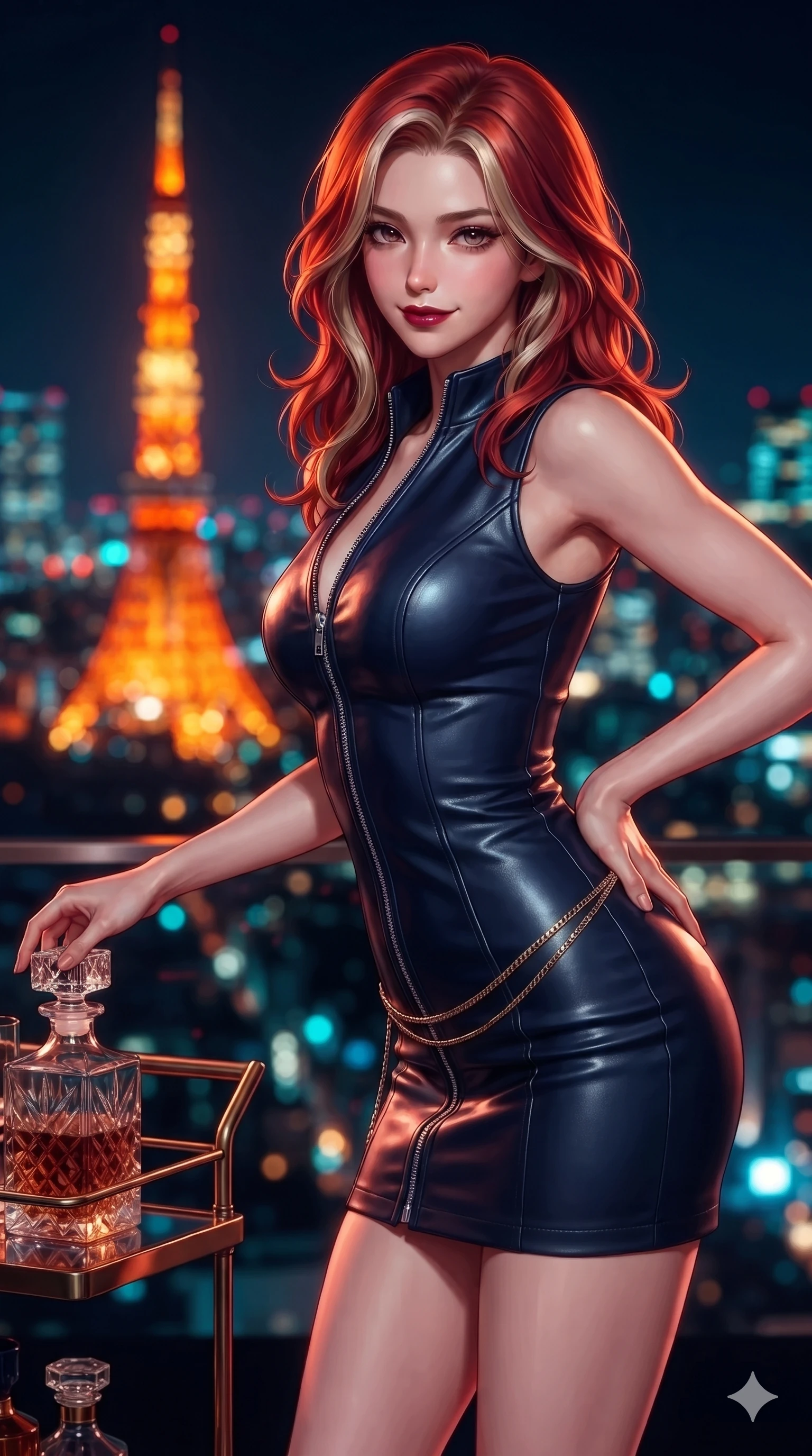 score_9, masterpiece, best quality, ultra-detailed, high-budget anime keyframe, editorial fashion photography, tasteful artistic composition, Caucasian woman. close-up cowboy shot from the waist and thighs up, the character dominates the composition, filling the frame with her large presence. twisting her slender torso in an alluring S-curve while reaching for a vintage crystal decanter, her dark tailored fit highlighting her hourglass curves while standing poised on the high teak terrace, one hand on her hip as she arches her lower back against the glowing Tokyo Tower skyline. The background shows a soft-focus the fiery orange beacon of Tokyo Tower and dense megalopolis sea of lights blurred into brilliant scarlet, amber, and electric cyan bokeh. She has an exceptionally elegant, slender, and willowy female figure with an ultra-slim waist, flat toned midriff, narrow ribcage, and sculpted feminine hips creating an alluring, slim hourglass silhouette without bulk. sharp v-shaped jawline, high-bridge nose, intricate jewel-like dark sparkling eyes with dangerous depth, thick curled eyelashes, glossy parted lips with a rich wine sheen, smoldering seductive half-smile with bedroom-eyes, exuding effortless superiority and intoxicating dark allure, flawlessly proportioned anatomical accuracy, strict slender model proportions, natural body alignment, perfectly sculpted long slender limbs, ultra-slim waistline, clean dynamic posture without body distortion. wearing a glove-like stretch lambskin leather corset mini dress with double-ended front zipper in midnight sapphire navy and chrome silver, tailored from fine lightweight midnight wool crepe with crisp architectural structure, finished with a delicate gold snake chain belt resting loosely across her curvy hips, the bespoke structured tailoring following the natural line of her 8.5-heads silhouette with refined elegance. bathed in the warm radiant scarlet and orange glow of Tokyo Tower contrasted with deep midnight navy skies. ultra-reflective glossy finish, specular highlights, rich textural contrasts, high-contrast stereoscopic depth, volumetric dynamic lighting, 2k, ultra detail, master piece, 9:16 ratio