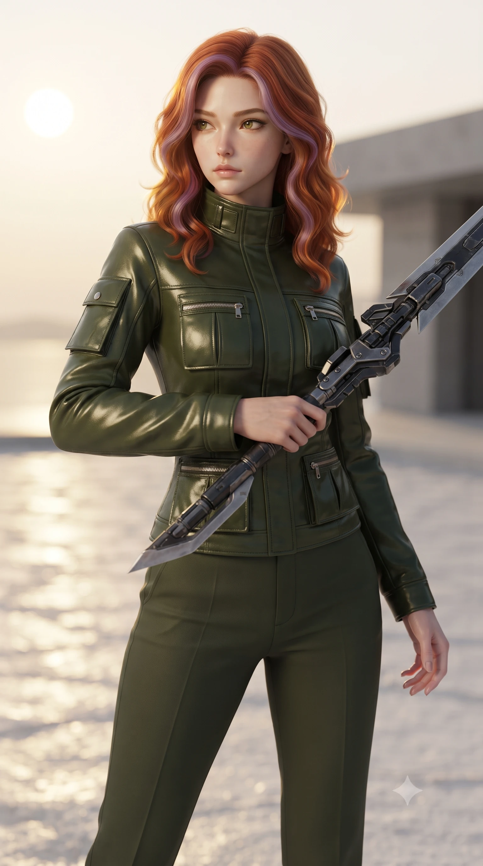 score_9, masterpiece, best quality, ultra-detailed, high-budget anime keyframe, editorial fashion photography, tasteful artistic composition, Caucasian woman. close-up cowboy shot from the waist and thighs up, the character dominates the composition, filling the frame with her large presence, background elements kept in soft focus. holding a deactivated nanotech glaive, looking past the camera with quiet, sharp focus and a composed expression, the background shows a soft-focus a white salt flat patio of a modern concrete villa under a binary sun. She has an exceptionally elegant, slender, and willowy female figure with an ultra-slim waist, a gracefully sculpted slender torso, and a refined silhouette. sharp v-shaped jawline, high-bridge nose, intricate jewel-like eyes with depth, thick eyelashes, glossy lips with a natural sheen. wearing a form-contouring protective combat pilot jacket in deep olive green, featuring a high collar, utility pockets, and straight-fit trousers. shimmering white salt flats reflecting distant binary suns, casting gold light. ultra-reflective glossy finish, specular highlights, metallic sheen, high-contrast stereoscopic depth, volumetric dynamic lighting, 2k, ultra detail, master piece, 9:16 ratio