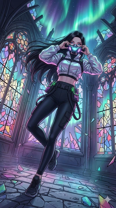 score_9, masterpiece, best quality, ultra-detailed, high-budget anime movie keyframe, cinematic anime lighting, intricate line art, Korean anime girl. Dynamic full-body shot stretching the vertical silhouette across the 9:16 frame. adjusting a glowin