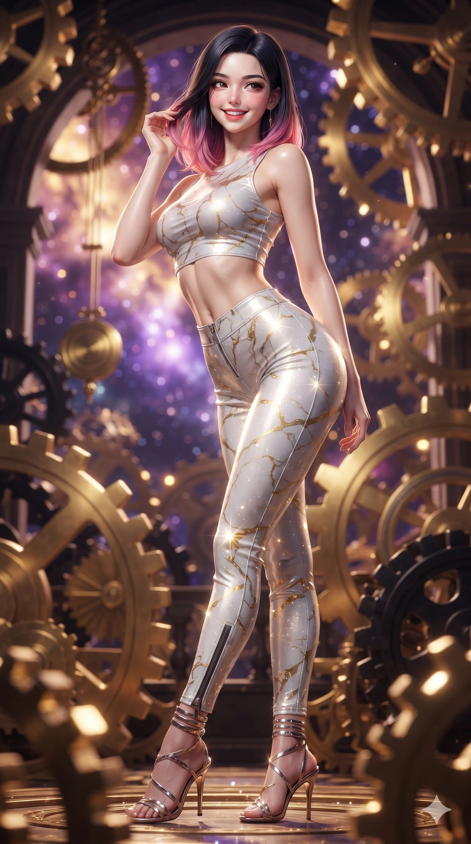 score_9, masterpiece, best quality, ultra-detailed, high-budget anime keyframe, editorial fashion photography, tasteful artistic composition, Korean woman. close-up cowboy shot from the waist and thighs up, the character dominates the composition, filling the frame with her large presence. gently brushing a lock of hair behind her ear while casting a playful, flirtatious side-gaze with long eyelashes while standing poised on the suspended observation bridge amidst monumental interlocking brass and obsidian gear trains, arching her back with siren allure as celestial clockwork ticks. The background shows a soft-focus colossal rotating brass cogwheels, sweeping clockwork pendulums, and vibrant purple stellar nebulae blurred into gold, amber, and violet bokeh. She has an exceptionally elegant, slender, and willowy female figure with an ultra-slim waist, flat toned midriff, narrow ribcage, and sculpted feminine hips creating an alluring, slim hourglass silhouette without bulk. sharp v-shaped jawline, high-bridge nose, intricate jewel-like sparkling eyes with depth, thick eyelashes, glossy parted lips with a natural peach sheen, bright cheerful beaming smile with an enchanting and coquettish sensual glint, exuding both youthful cute charm and seductive allure, flawlessly proportioned anatomical accuracy, strict slender model proportions, natural body alignment, perfectly sculpted long slender limbs, ultra-slim waistline, clean dynamic posture without body distortion. wearing a glossy vinyl crop top and high-waist tailored leggings with sleek chrome zippers and exposed midriff in Kintsugi celestial white porcelain and liquid gold, woven from stretch metallic lurex jersey casting radiant starlight glints across her curves, complemented by strappy stiletto sandals with metallic ankle wraps accentuating her slender calves, the glove-like clinging cut tightly following the natural contour of her hips and long slender legs with youthful 8.5-heads elegance. bathed in the warm radiant 2600K gleam of polished brass gears mixed with cool purple starlight through open arches. ultra-reflective glossy finish, specular highlights, rich textural contrasts, high-contrast stereoscopic depth, volumetric dynamic lighting, 2k, ultra detail, master piece, 9:16 ratio