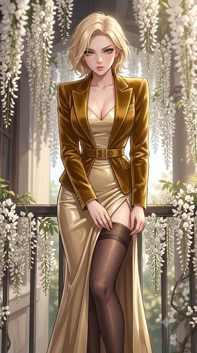 score_9, masterpiece, best quality, ultra-detailed, High-budget Anime Keyframe, Caucasian woman, strictly human ears. Low angle cowboy shot filling the entire 9:16 frame with her statuesque presence. Scenario 405: adjusting her thigh-high stocking ne